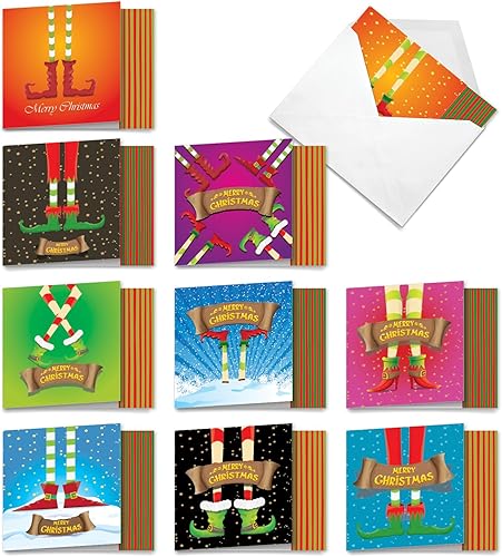 The Best Card Company - 10 tarjetas navideñas de Santa con sobres - Juego surtido en caja, tarjetas navideñas para niños (4 x 5.12 pulgadas) - Pies