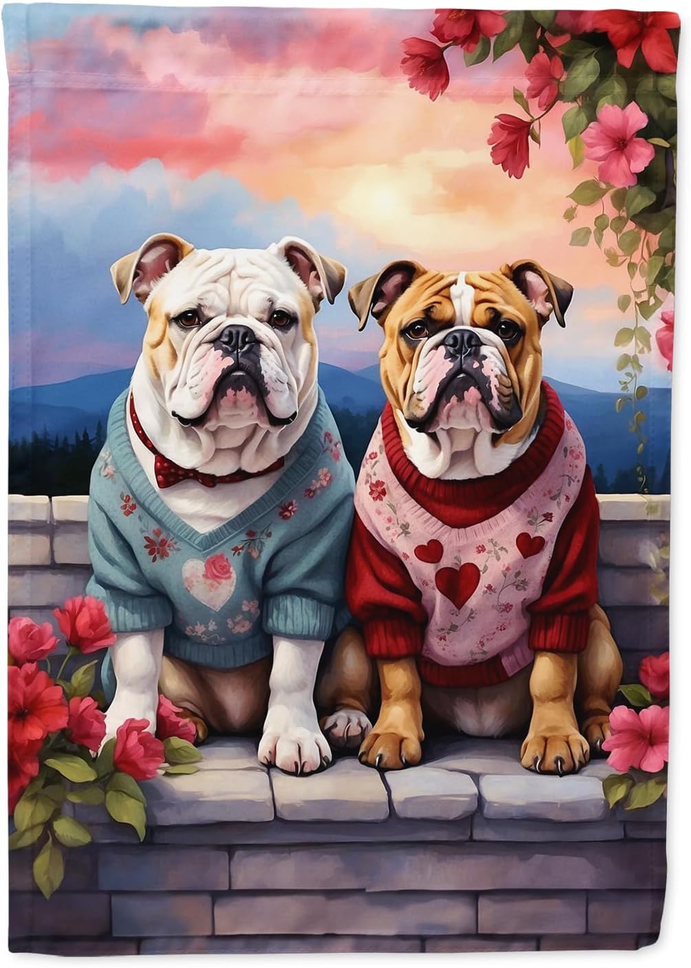Caroline's Treasures DAC4639GF English Bulldog Two Hearts Garden Flag Mailbox Flag Decorative Yard Flag Banner Outside Patio Artwork Yard Flower Beds, Garden Size, Multicolor