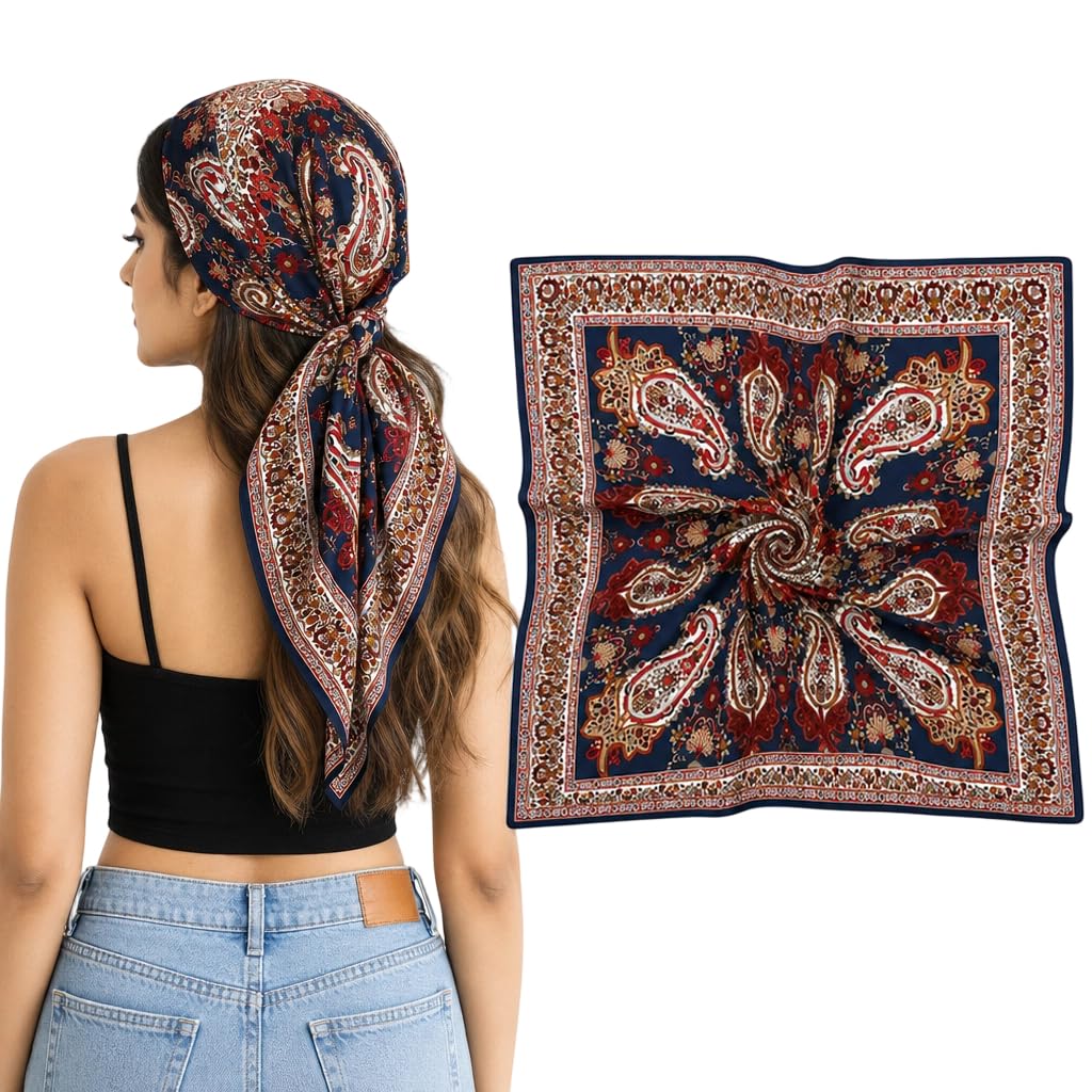 sannidhi Silk Feel Head Scarf for Women Stylish 35x35in Square Satin Neck Hair Scarf for Women Vintage Sleep Hair Wrap for Styling, Handbag Decor & Gifting-picture-15
