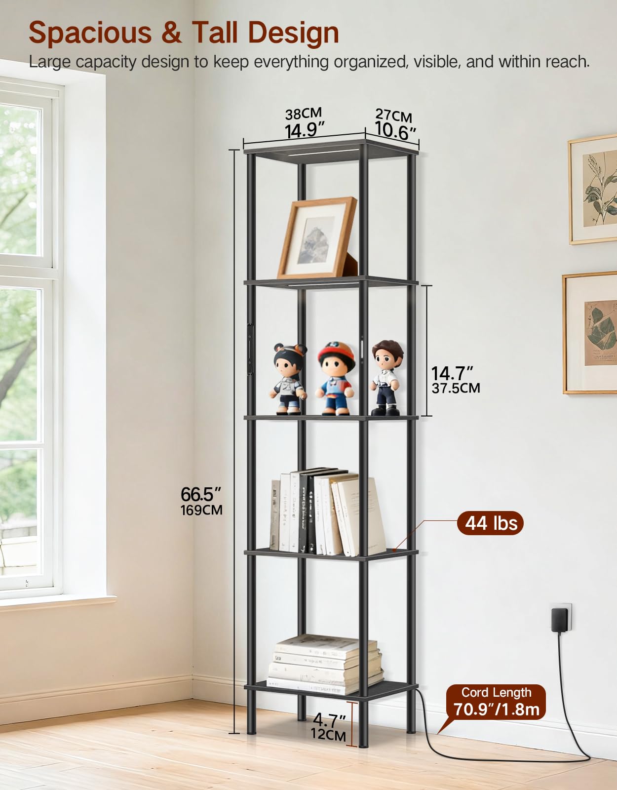 Stehlampe mit Regal, LED-Dimmbar, 3 Farbtemperaturen, Touch & Fernbedienung, Bücherregal mit Licht, Standregal aus Holz, Modernes Design für Wohnzimmer, Schlafzimmer, Büro(Schwarz)