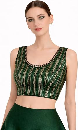 Green Embroidered Blouse, Sleeveless Saree Blouse, Gold Vertical Stripe Pattern, Scoop Neck US, Alpha, Medium, Regular, Regular
