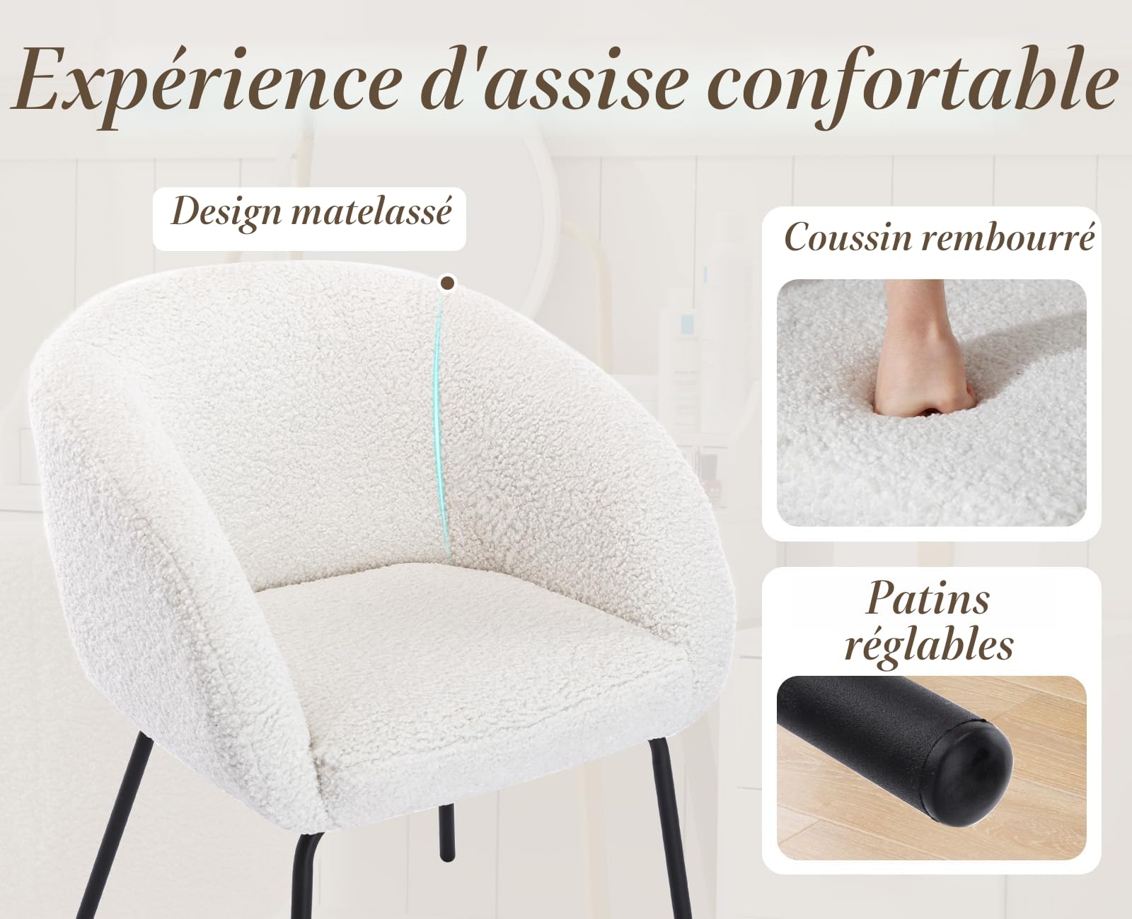 chairus Fauteuil Salon Moderne, Chaise Coiffeuse, Pieds en Métal, Blanc | Fausse Fourrure Douce, Coussin Rembourré, Accoudoir Rembourré, pour Chambre Salon Salle à Manger