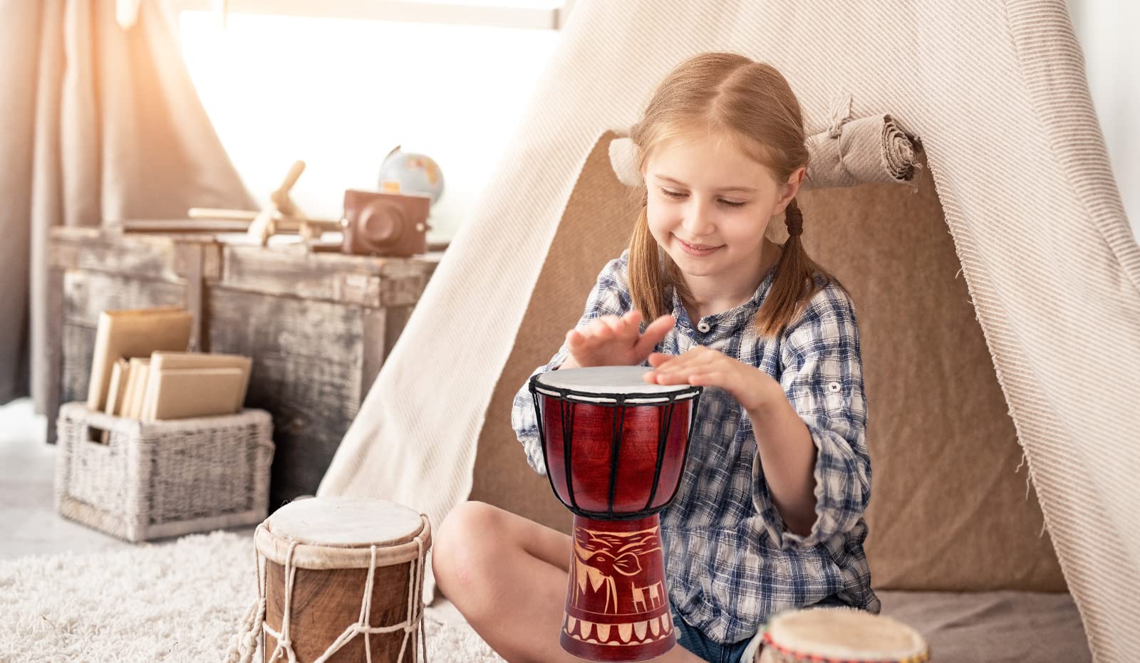 Mittelgroße 30cm Djembe Trommel Bongo Kinder Elefant Holz A2