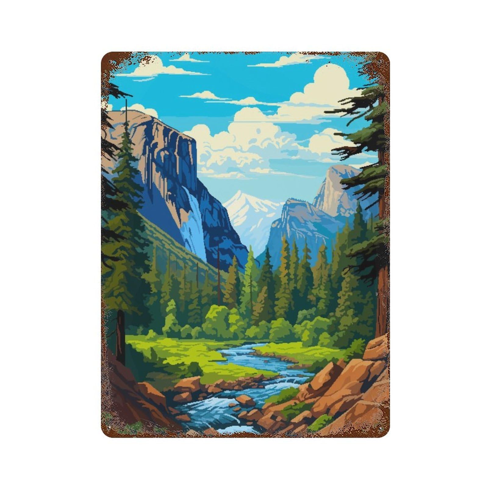 Yosemite River Pixel Art Vintage Rust Metal Sign 15.7"x11.8", for Basement, Hobby Room And Garage Decor, Farmhouse Wall Decor