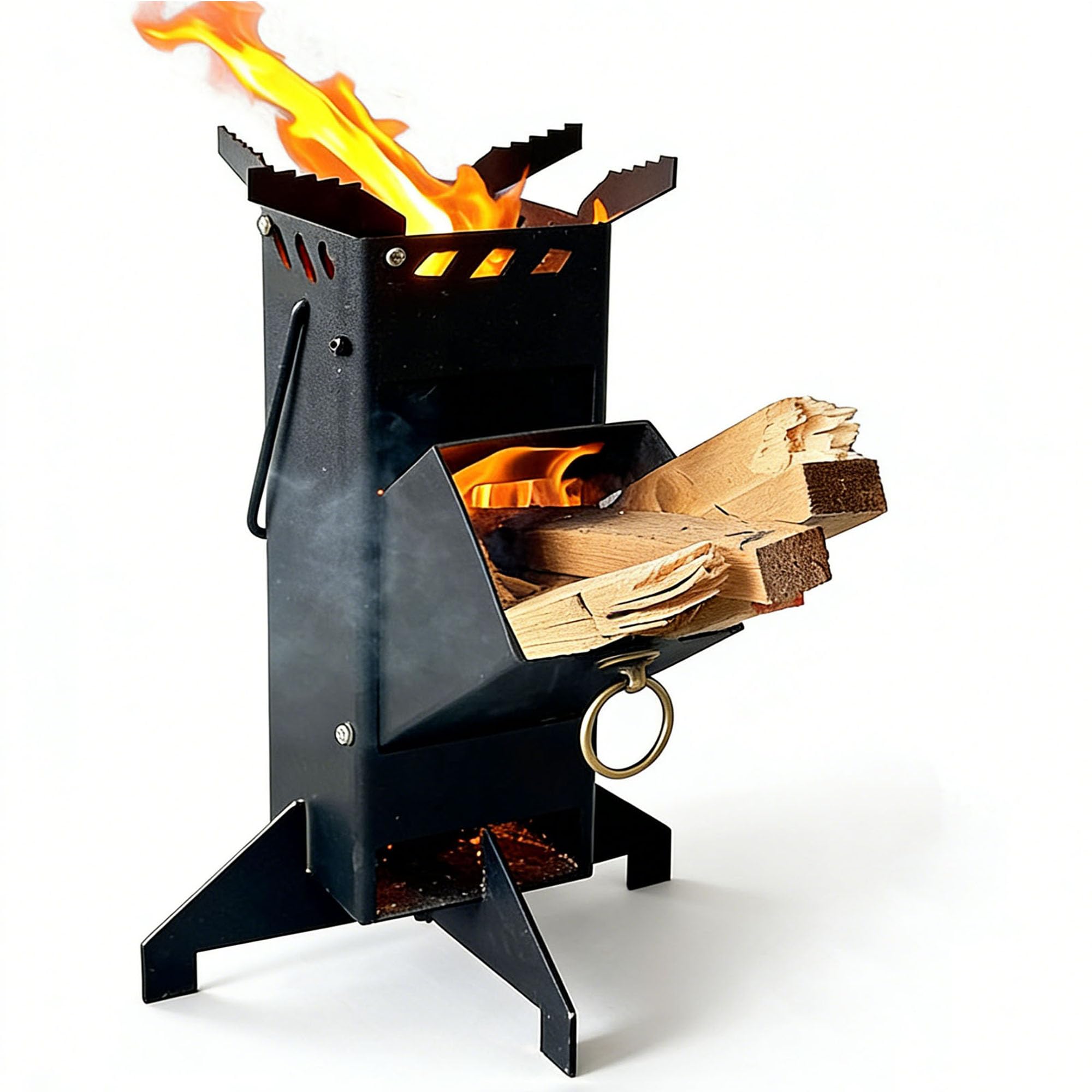 Raketenofen Tragbarer Raketenofen Holzofen Schwarz | Für Kochutensilien in verschiedenen Größen, mit Ständer, Outdoor-Rucksackreisen, Wandern, Grillen, Picknick