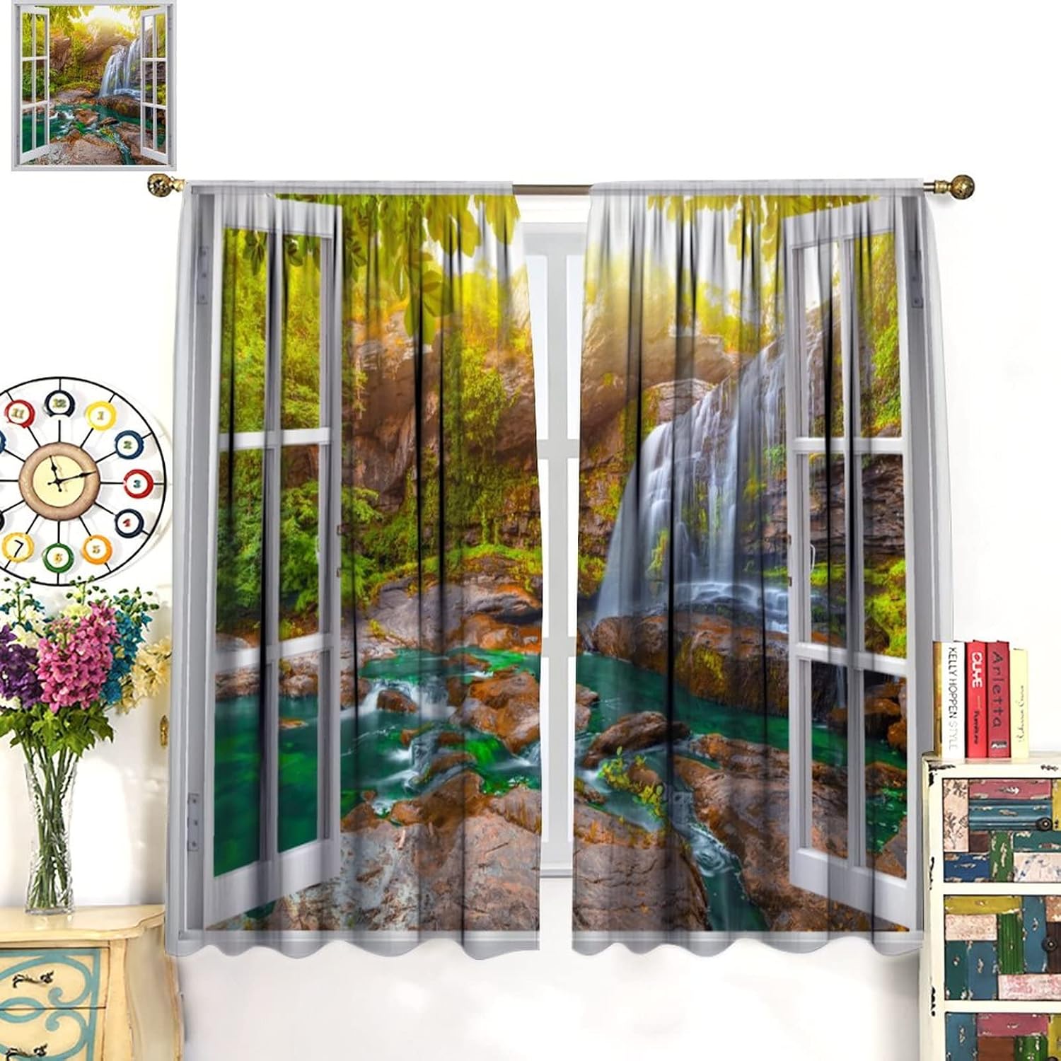 Landscape Curtains,Nature Spring Scenery View Window Forest Waterfall Landscape Scenic 3D Printed Window Treatments for Bedroom Living Room Kitchen Window Drapes 2 Panel Set 42" x 63"