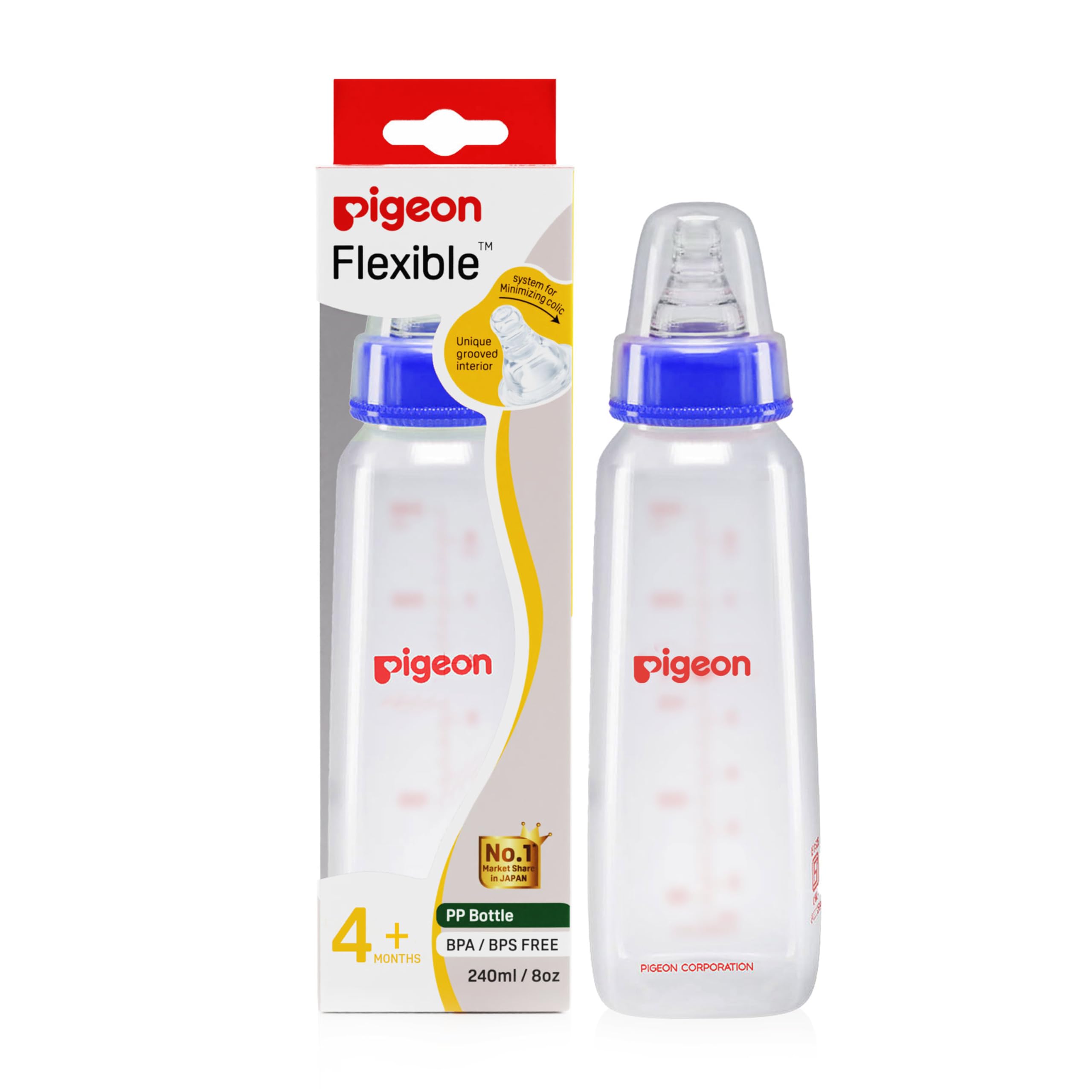 Pigeon Peristaltic Baby Nursing/Feeding Bottle KPP M,For 4+ Month Babies,BPA Free,BPS Free,Square Base,Blue,240 ml