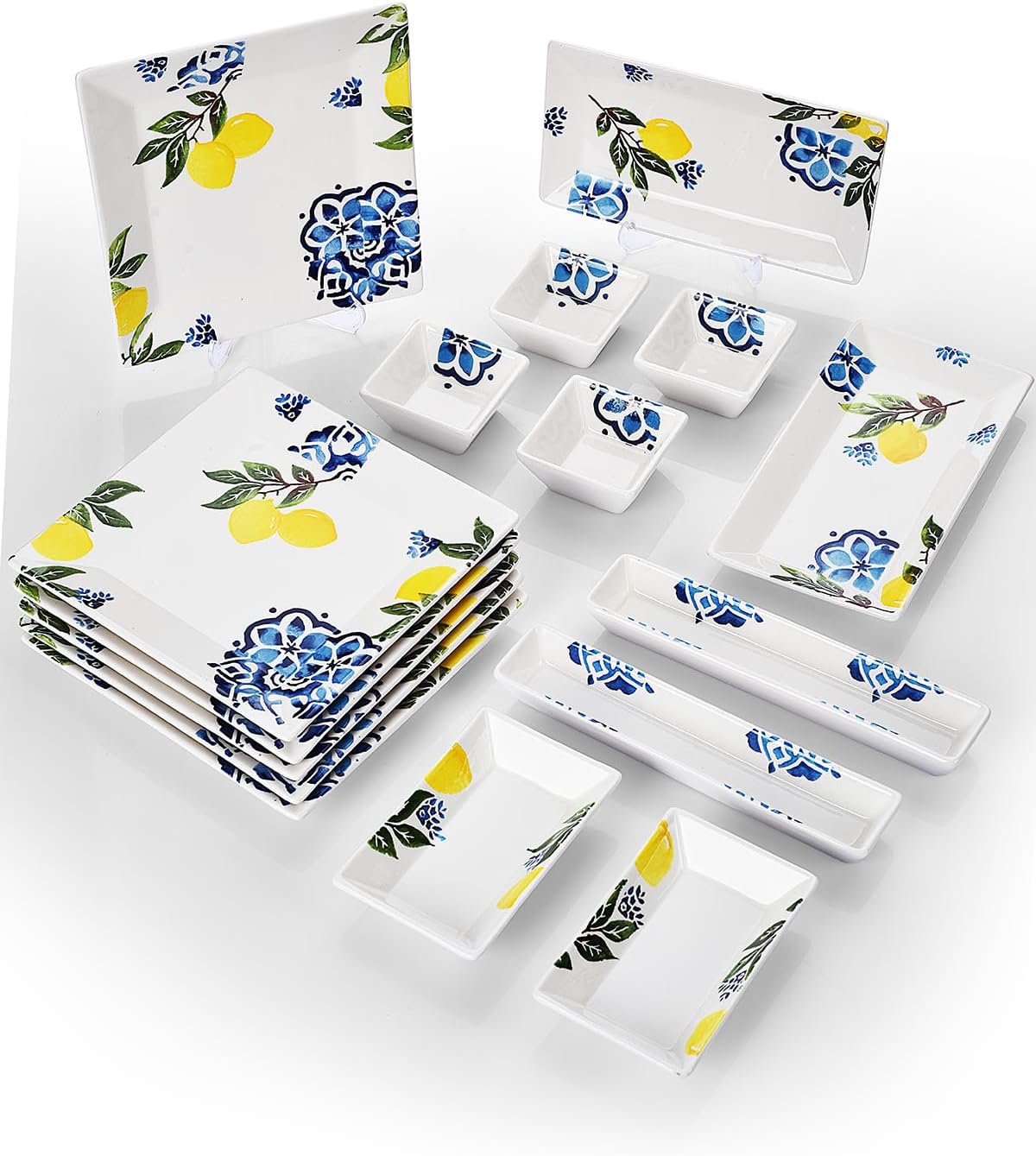 Breakfast Set 16 Piece Service for 6 People Handmade Ceramic Serving Plates Lemon Design Yellow Color - Yellow, One Size