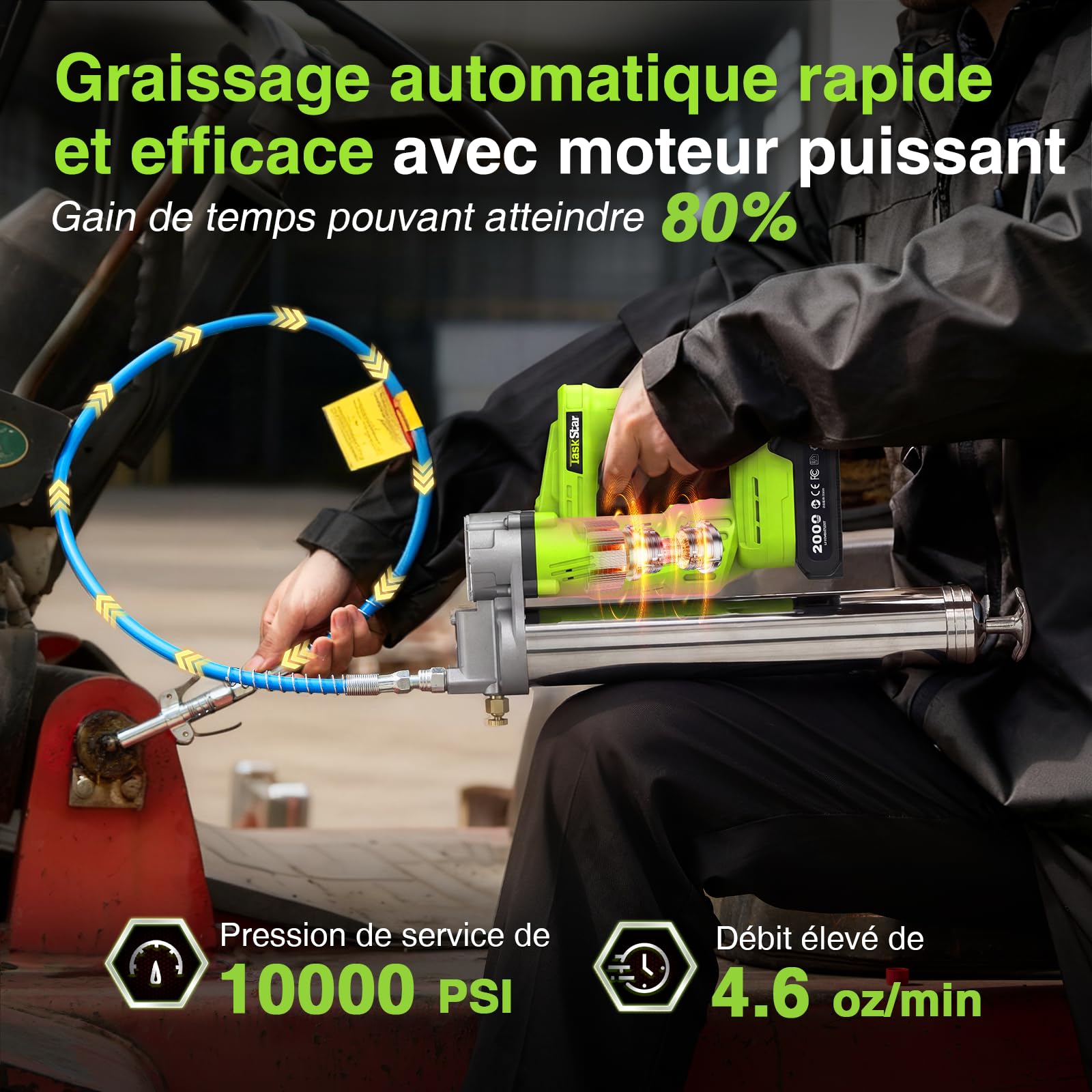TaskStar Pompe a Graisse Electrique à Haut Rendement: Pompe à Graisse avec 2 * 2.0Ah Batteries, Embout Améliorée, Pistolet à Graisse 10000 PSI pour Les Agriculteurs et Les Propriétaires d'équipement