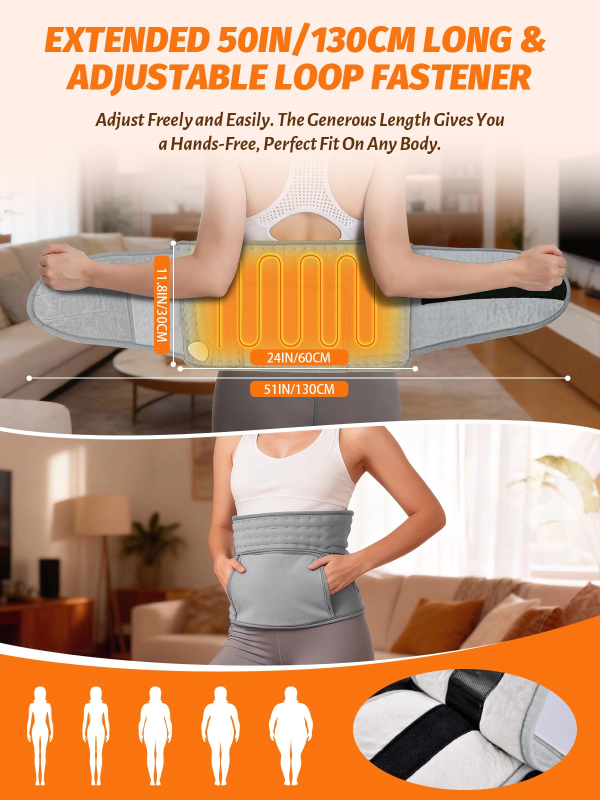 Fascia riscaldante elettrica estesa per crampi mestruali, addominali, vita, schiena, collo, spalle, gambe, braccia, dolore, rilassarsi, con cavo di alimentazione da 3 metri, impostazioni di