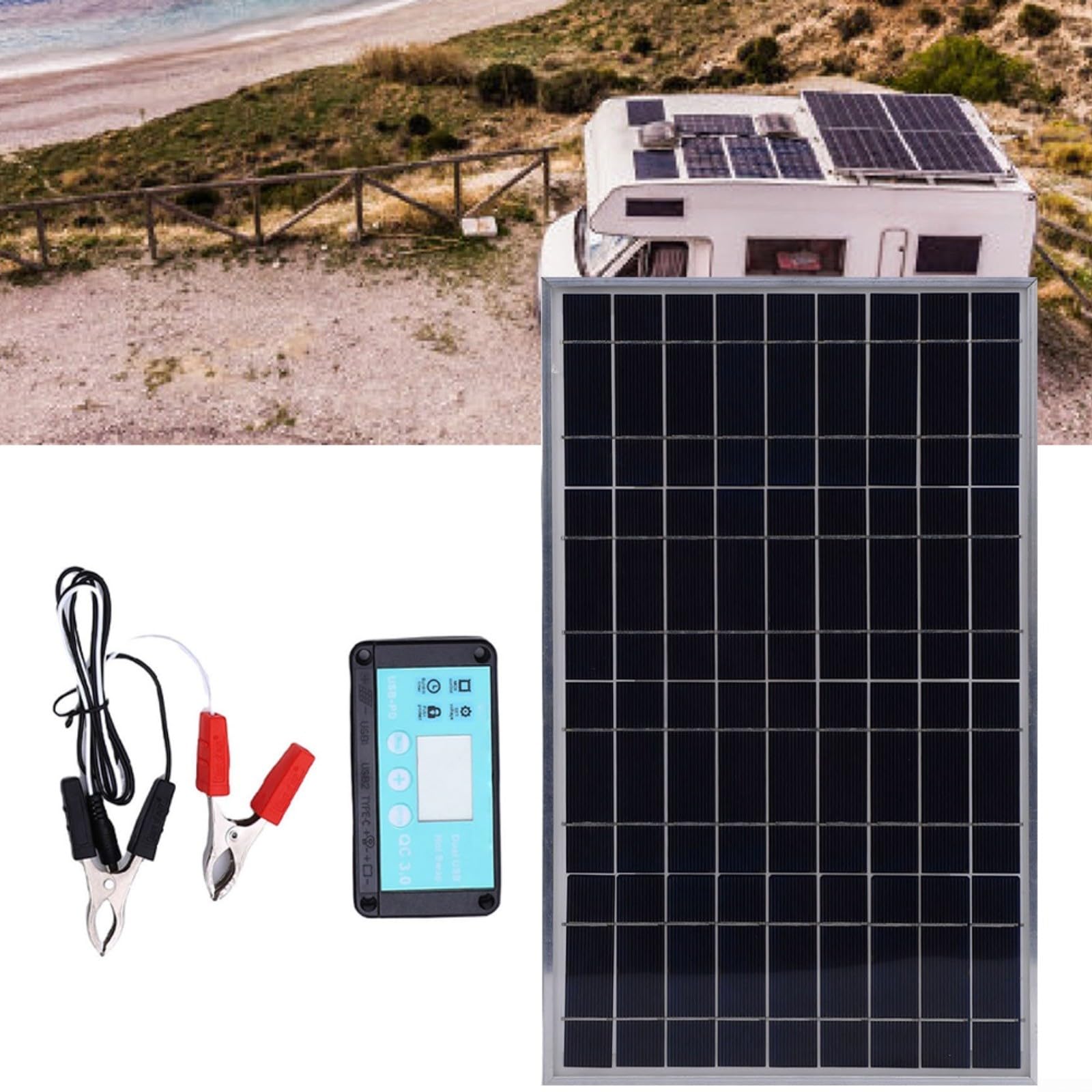 Pannello solare 100 W con regolatore di carica, fotovoltaico resistente alle intemperie con telaio in alluminio, 12 V, 24 V, impianto solare per camper ed esterni