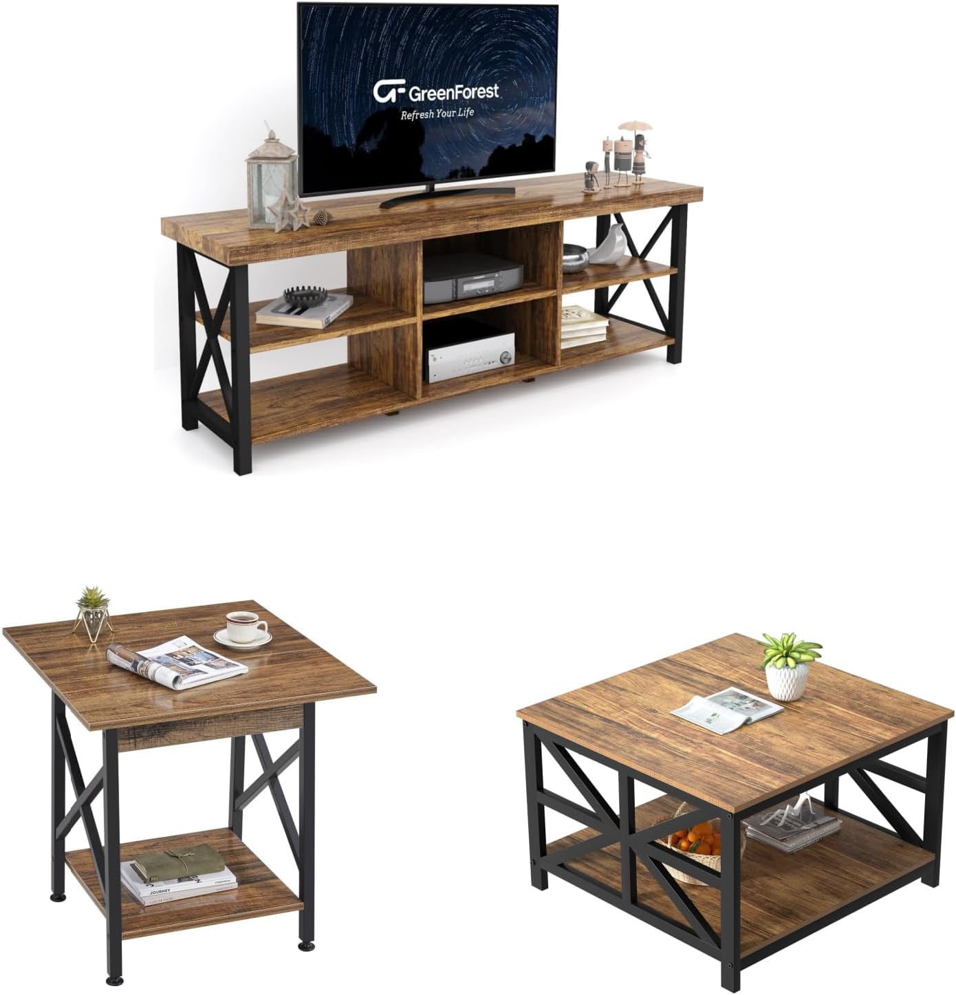 GreenForest TV Stand for TV, End Table and Coffee Table with Storage, Walnut