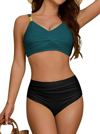 swimall Womens High Waisted Bikini Sets 2 Piece Swimsuit Twist Front Modest Tummy Control Bathing Suits