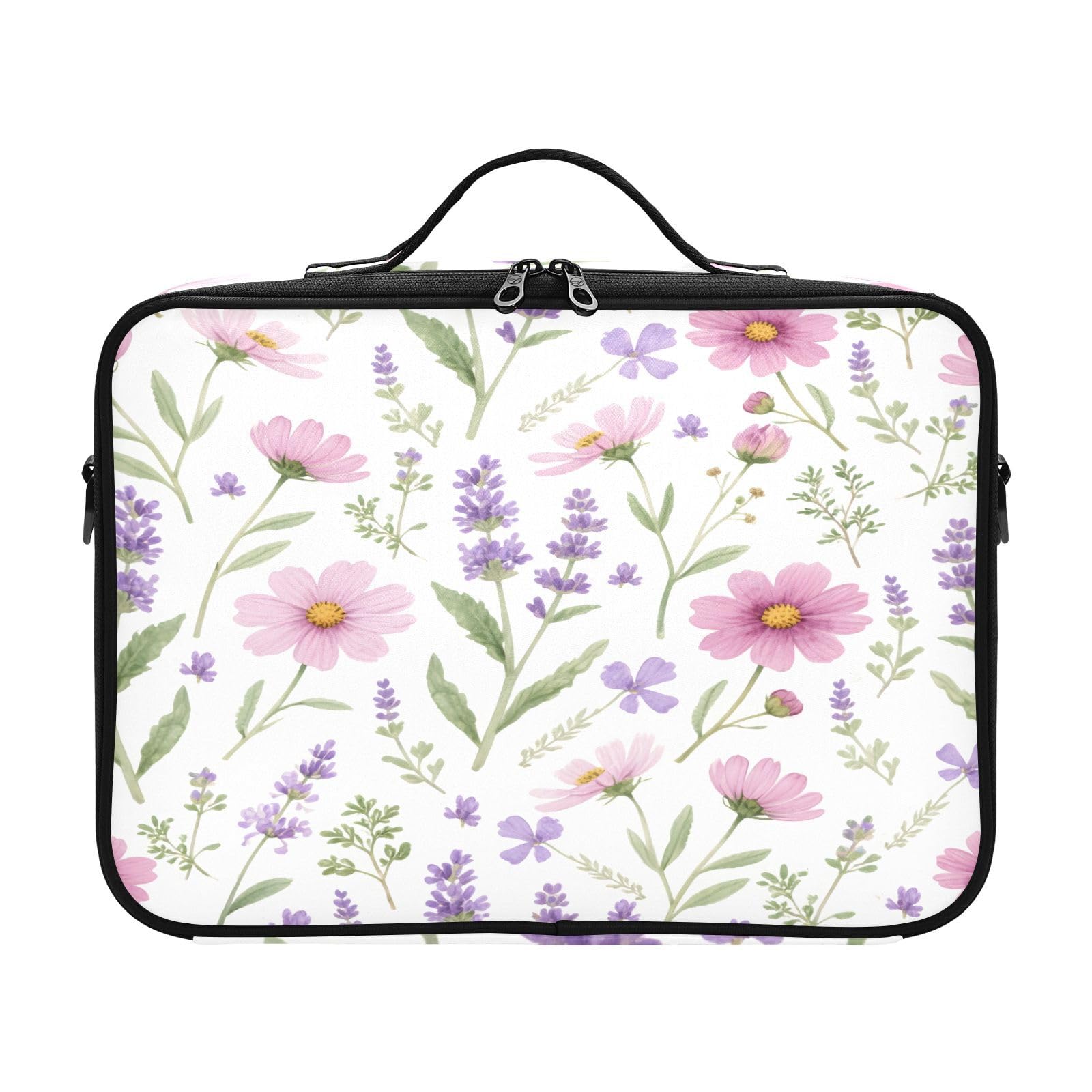 zyrtty Travel Makeup Train Case Lavender Pattern Pink Wild Flower Cosmetic Organizer Portable Storage Bag with Adjustable Dividers for Cosmetics Brushes Toiletry Jewelry Digital Accessories
