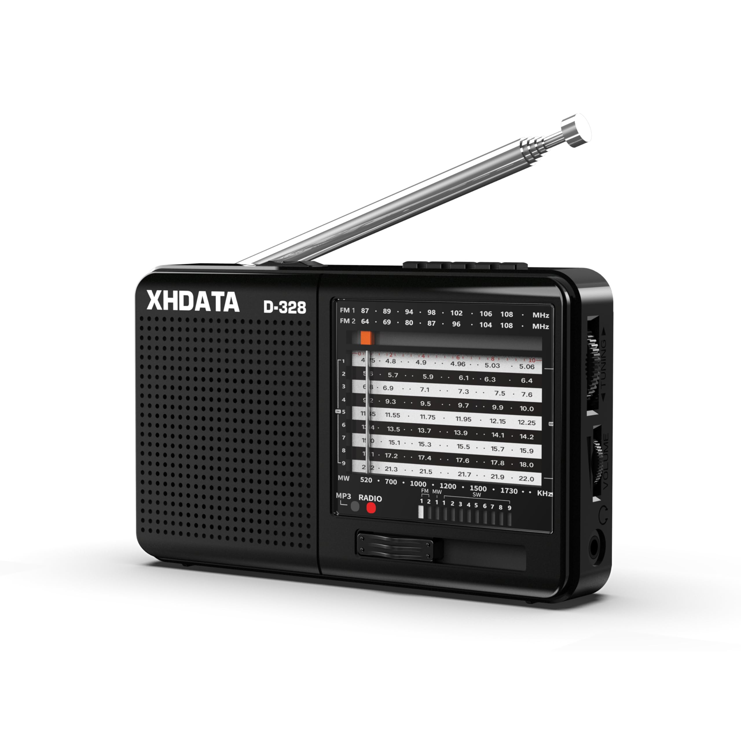 XHDATA D-328 Portable Shortwave Radio, Compact AM FM Radio with TF Card MP3 Playback, Rechargeable Battery Operated & Type-C Powered with Earphone Jack for Home, Outdoor, Gifts, Black
