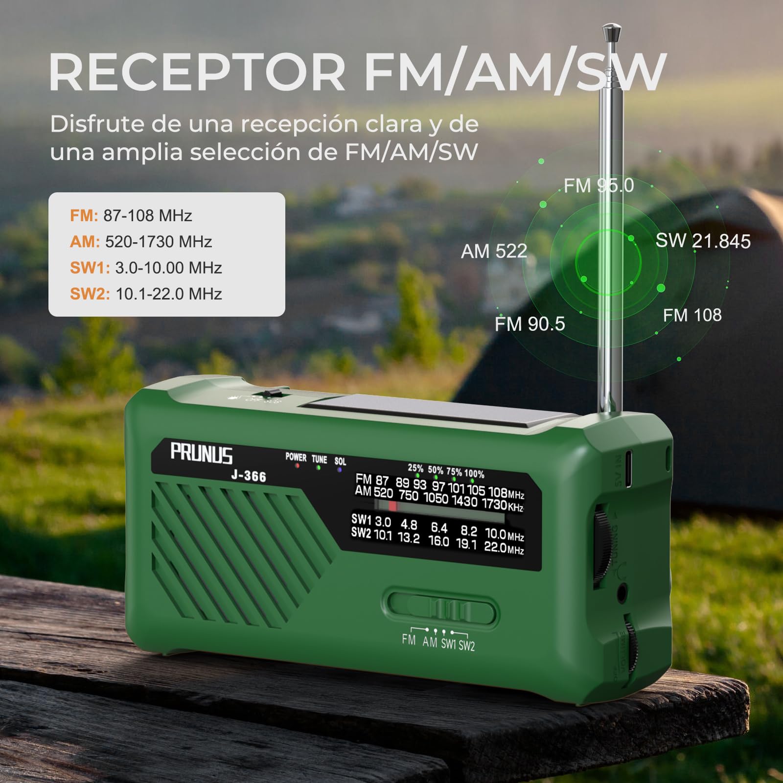 PRUNUS J-366 FM/Am/SW Radio Emergencia Solar Dinamo, Transistor Radio a Pilas AAA, Radios Portatil Pequeña Recargable con Banco Energía de 2000 mAh, Cable de Carga 3 en1, Linterna, Alarma SOS (Verde)