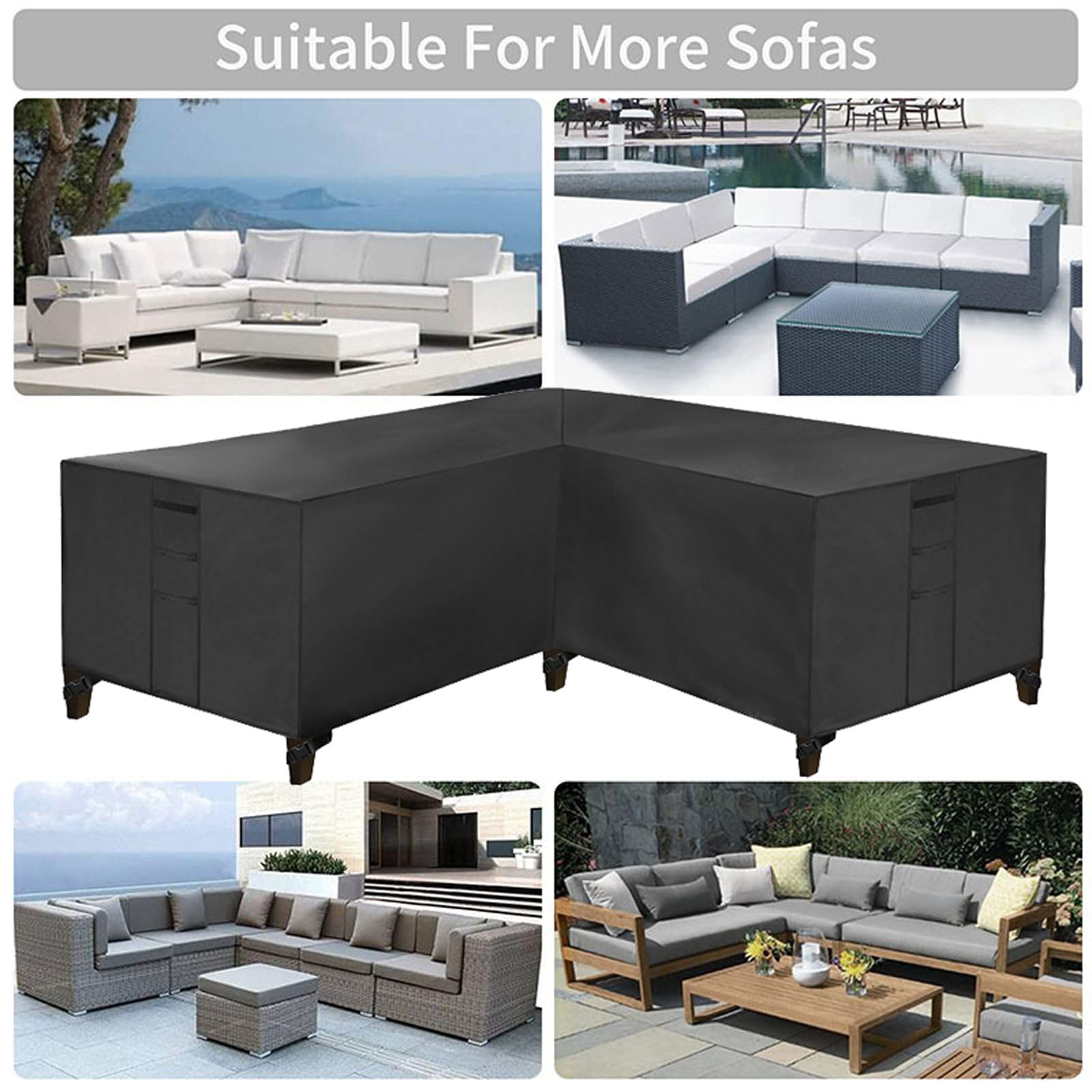 Copertura impermeabile resistente per mobili da giardino, 270 x 270 x 90 cm, a forma di L, copertura per mobili da esterno per divano angolare con presa d'aria