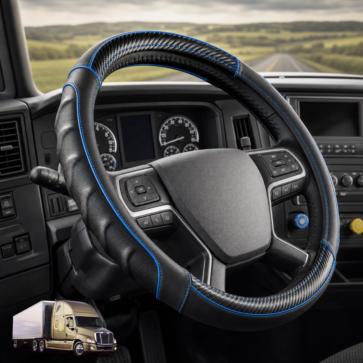 18 Inch Semi Truck Steering Wheel Cover for Freightliner Cascadia, Kenworth T680 T880, Peterbilt 579, Volvo VNL - Anti-Slip Carbon Fiber Grip - Carbon Blue