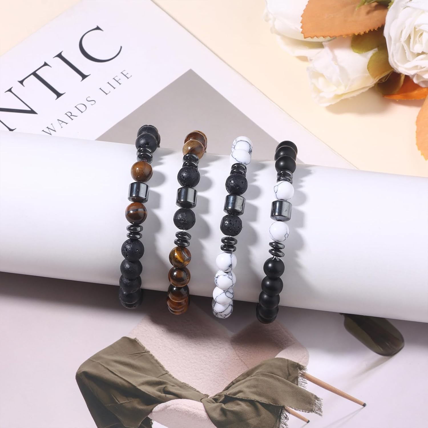 Giovanchi 4-12PCS Bracelets for Men, 8MM Mens Bracelets Lava Rock Black Obsidian Howlite Tiger Eye Beaded Natural Stone Bracelet Jewelry Gifts for Birthday Christmas - Image 5