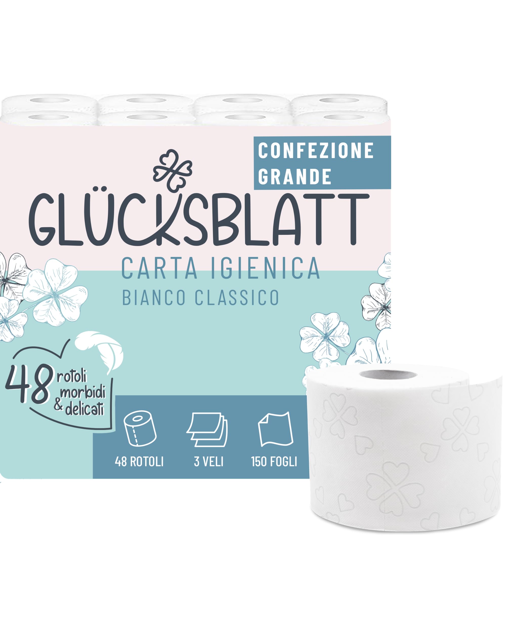 Glücksblatt carta igienica super morbida con goffratura fortunata, 3 strati, 48 rotoli x 150 fogli, 100% cellulosa, ideale per campeggio