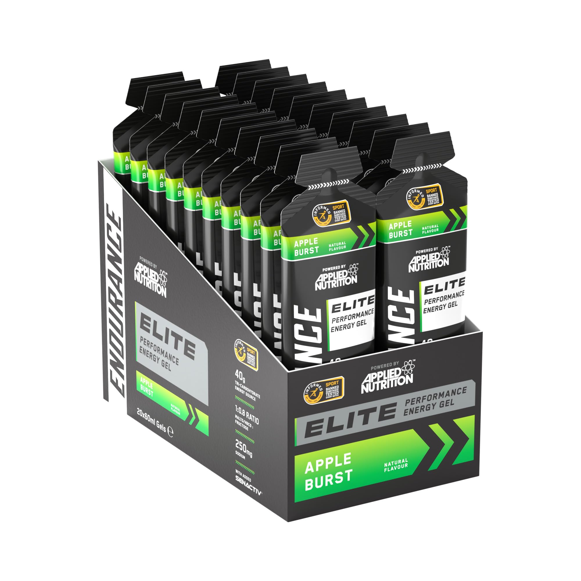 Applied Nutrition Endurance Elite Energy Gel - 40g Tri-Carb Fuel (Maltodextrin, Fructose & HBCD) 1:0.8 - Electrolytes 250mg Sodium with Senactiv (Pack of 20 x 60ml) (Apple Burst)