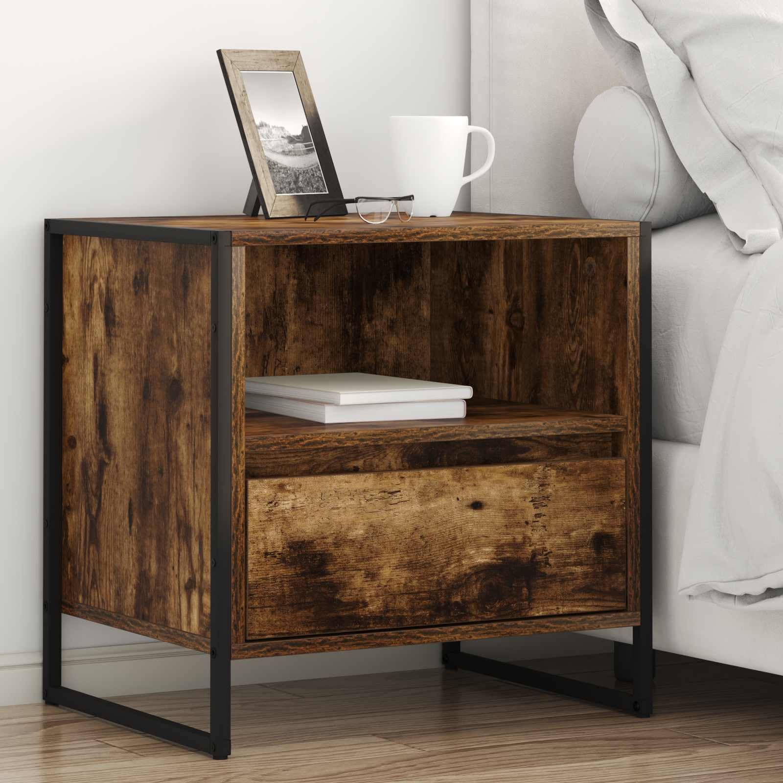 Comodino color fumo, 50 x 39,5 x 50 cm, in legno con cassetto, tavolino industriale, design moderno, robuste gambe in acciaio inox, per camera da letto, soggiorno, corridoio