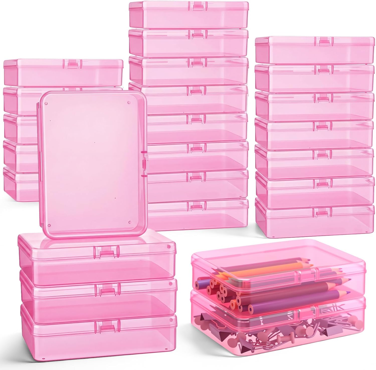 Dunzoom 25 Pcs Plastic Crayon Boxes with Lids, 4.53 x 3.35 x 1.1 Inches Stackable Small Storage Organizer Containers Crayon Pencil Case for Art Crafts Jewelry Beads Office Supplies(Multicolor)