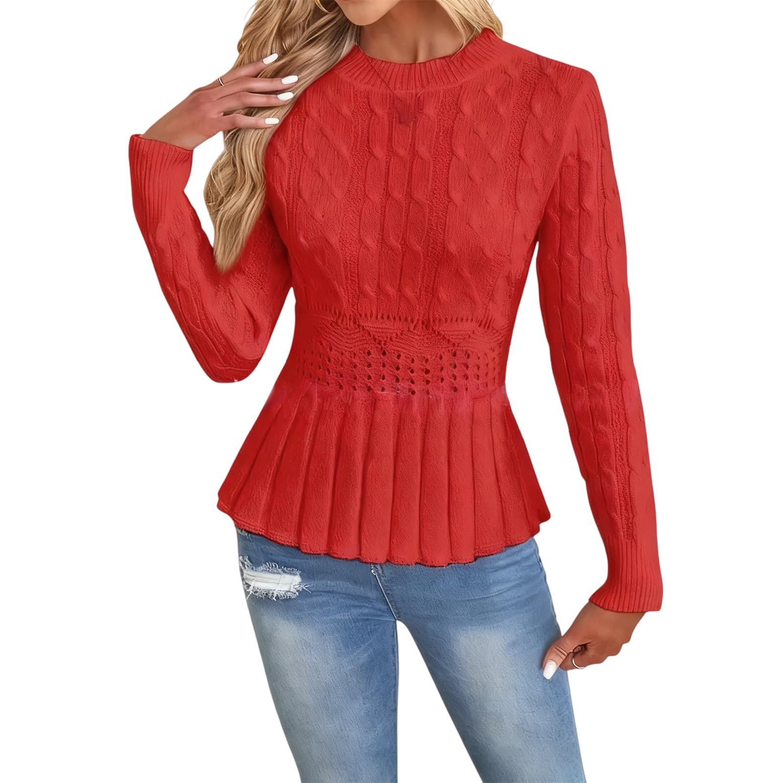 Womens Chunky Knit Crew Neck Long Sleeve Knit Top Casual Pullover Slim Fit Sweaters Jumper Cable Knits Tunic