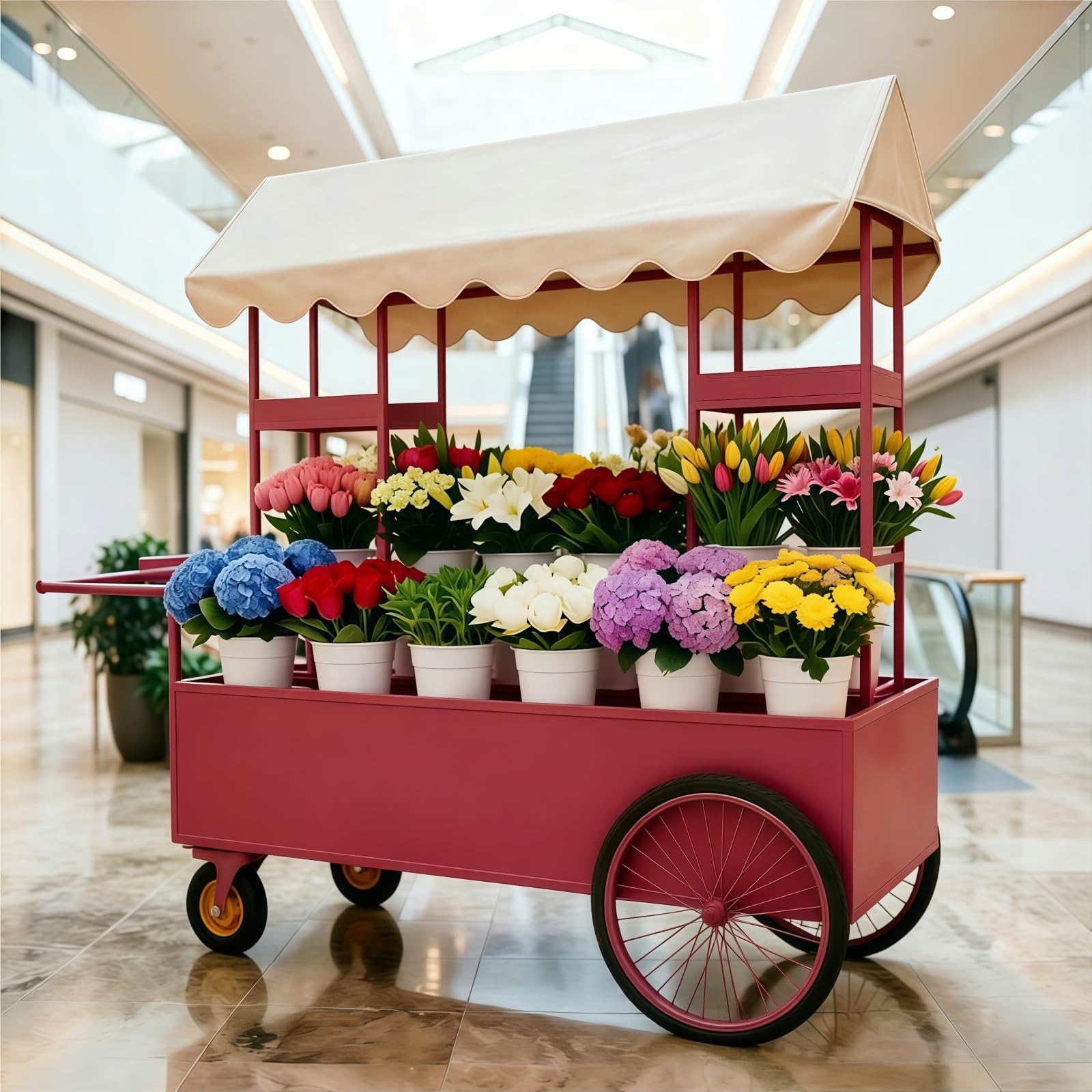 Imbisswagen mit Lenkrollen, Verkaufswagen for Blumen – for Parks, Einkaufszentren, Spielplätze(Red)