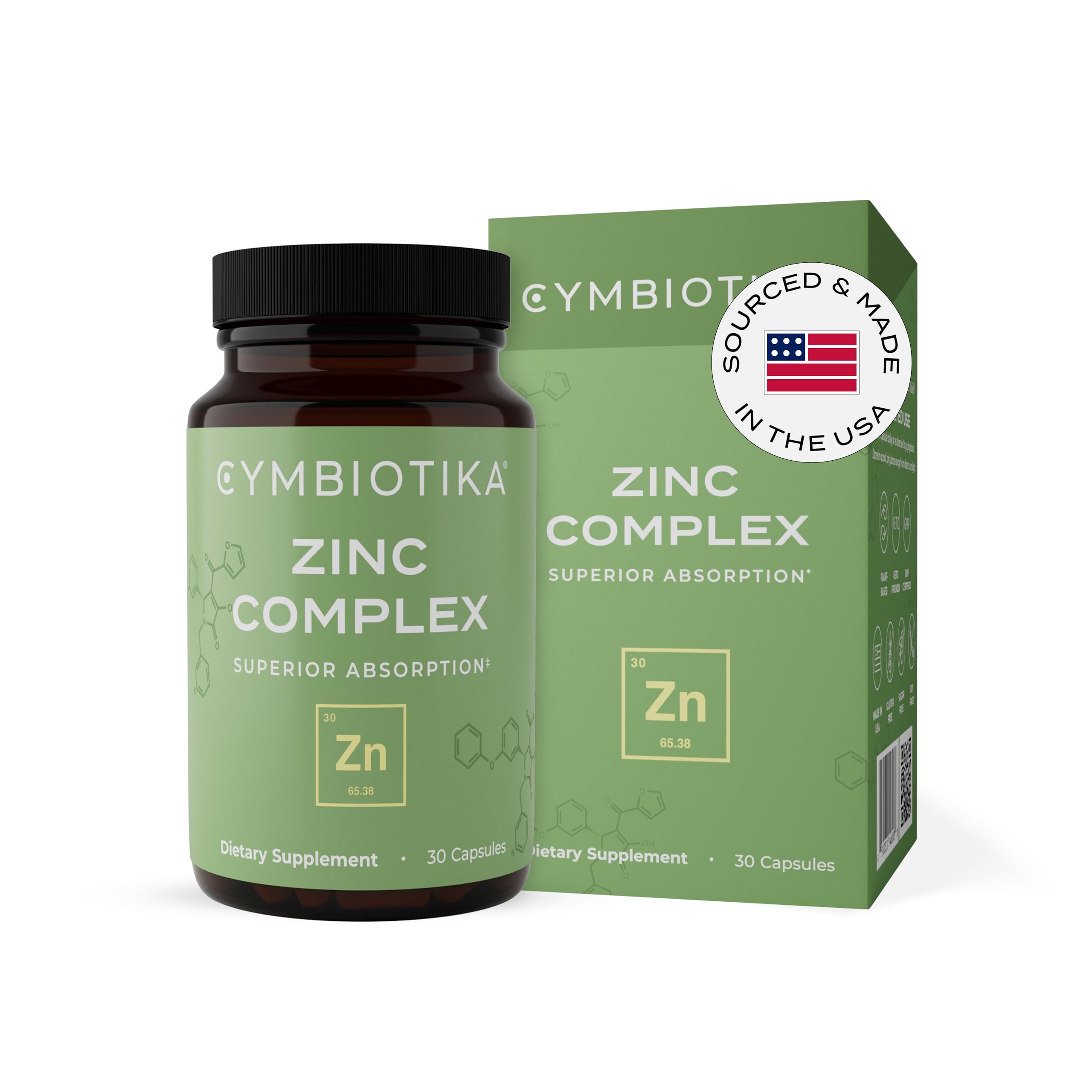 CYMBIOTIKA Zinc Complex, High Absorption Zinc Supplement with Copper, Including Zinc Picolinate, Zinc Monomethione, & Sucrosomial Zinc, Powerful Immune System Booster for Adults, Non-GMO, 30 Capsules