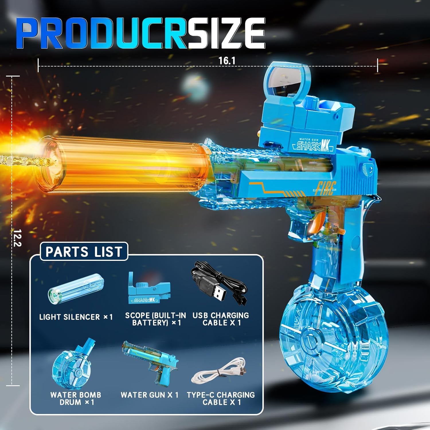 Elektryczny Pistolet Na Wodę, świecący Tłumik, Automatyczny Pistolet Na Wodę O Zasięgu Do 32 Stóp, 300 Strzałów Wodnych, Klasyczny Mocny, Letnia Zabawka Do Basenu Zewnętrznego Dla (Gray)