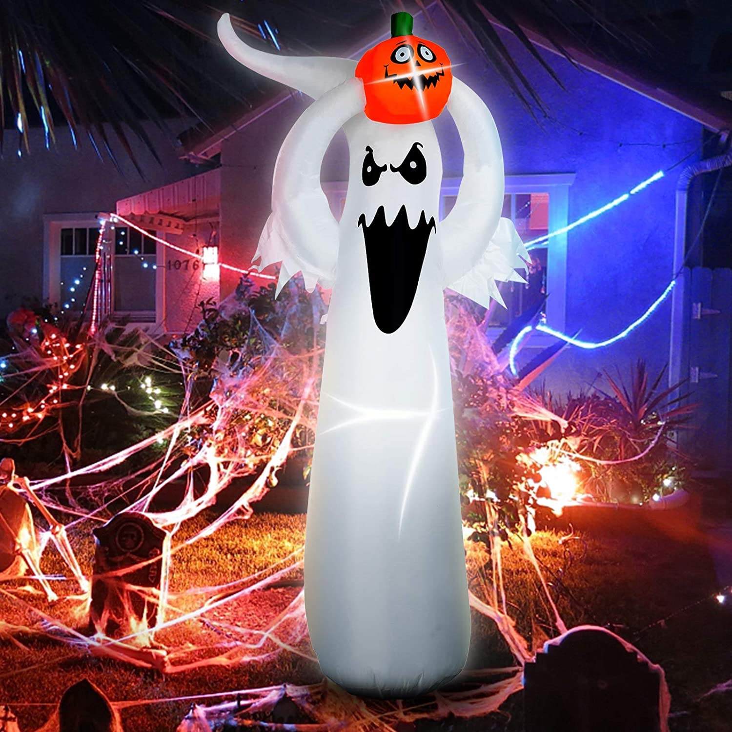 GGEROU Halloween Inflatable Pumpkins Decorations,7.5 FT Long Halloween Decorations Blow Ups Pumpkin Jack-o-Lantern with LED Light Built-in for Halloween Decor Party Outdoor Garden Lawn Yard (C)