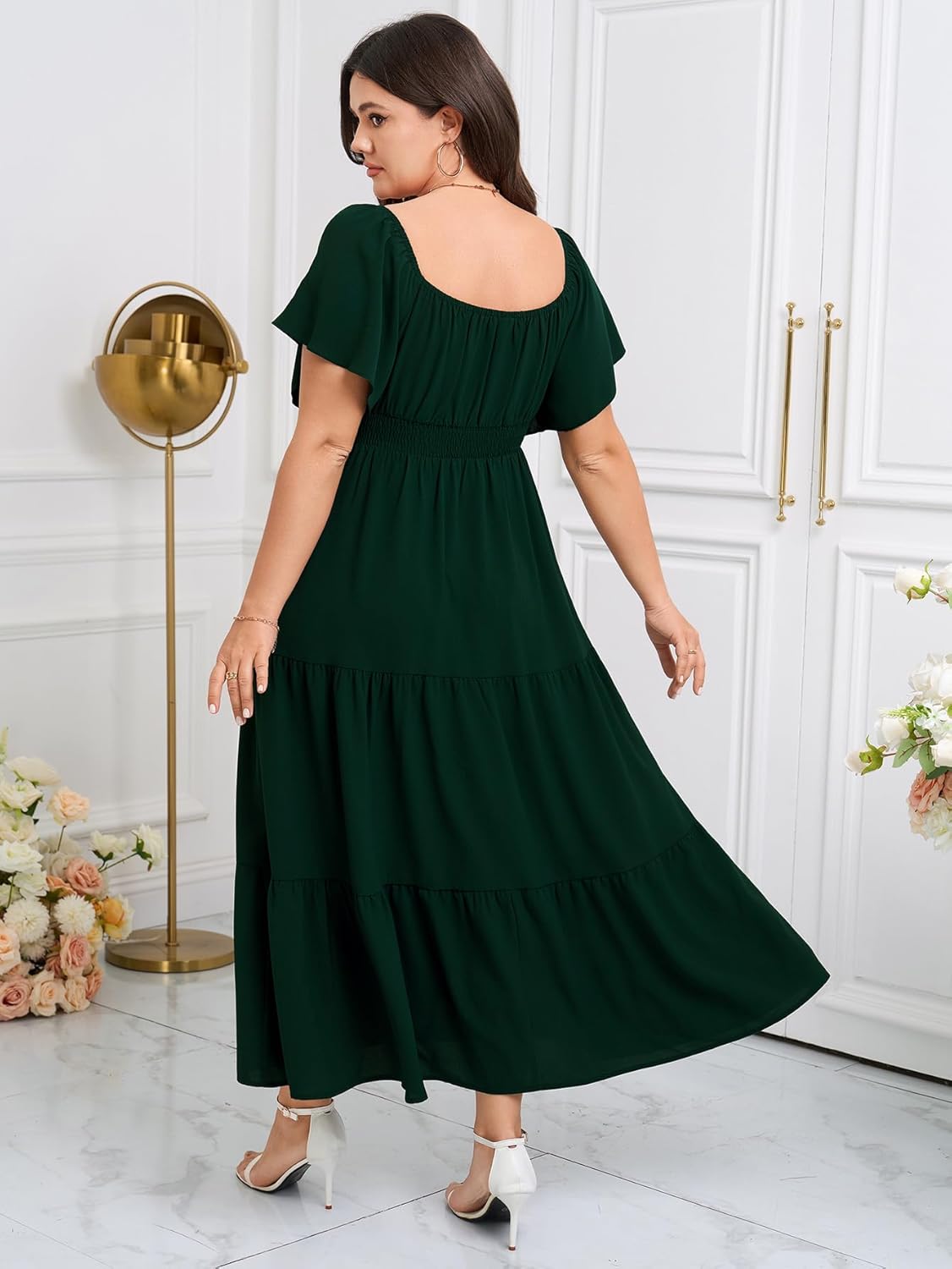 SCOMCHIC Womens Plus Size Maxi Dress Formal Short Sleeve Square Neck Smocked Side Split Flowy A Line Tiered Long Dress - Image 6