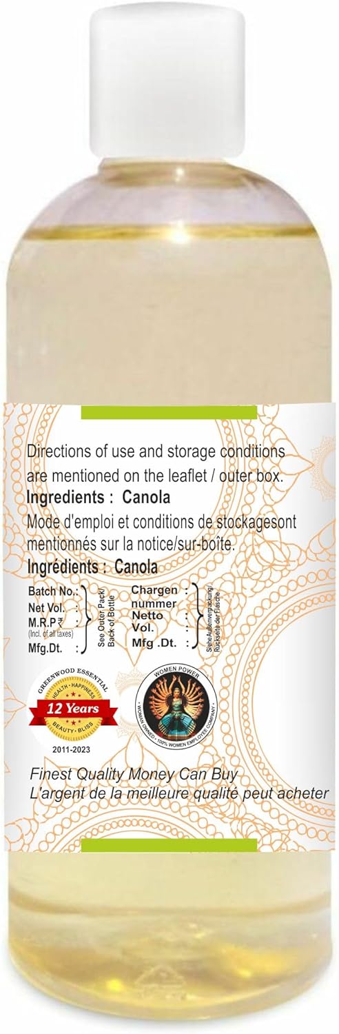 Greenwood Essential Pure Canola Oil (Brassica Napus) Cold Pressed 200ml (6.76 oz)