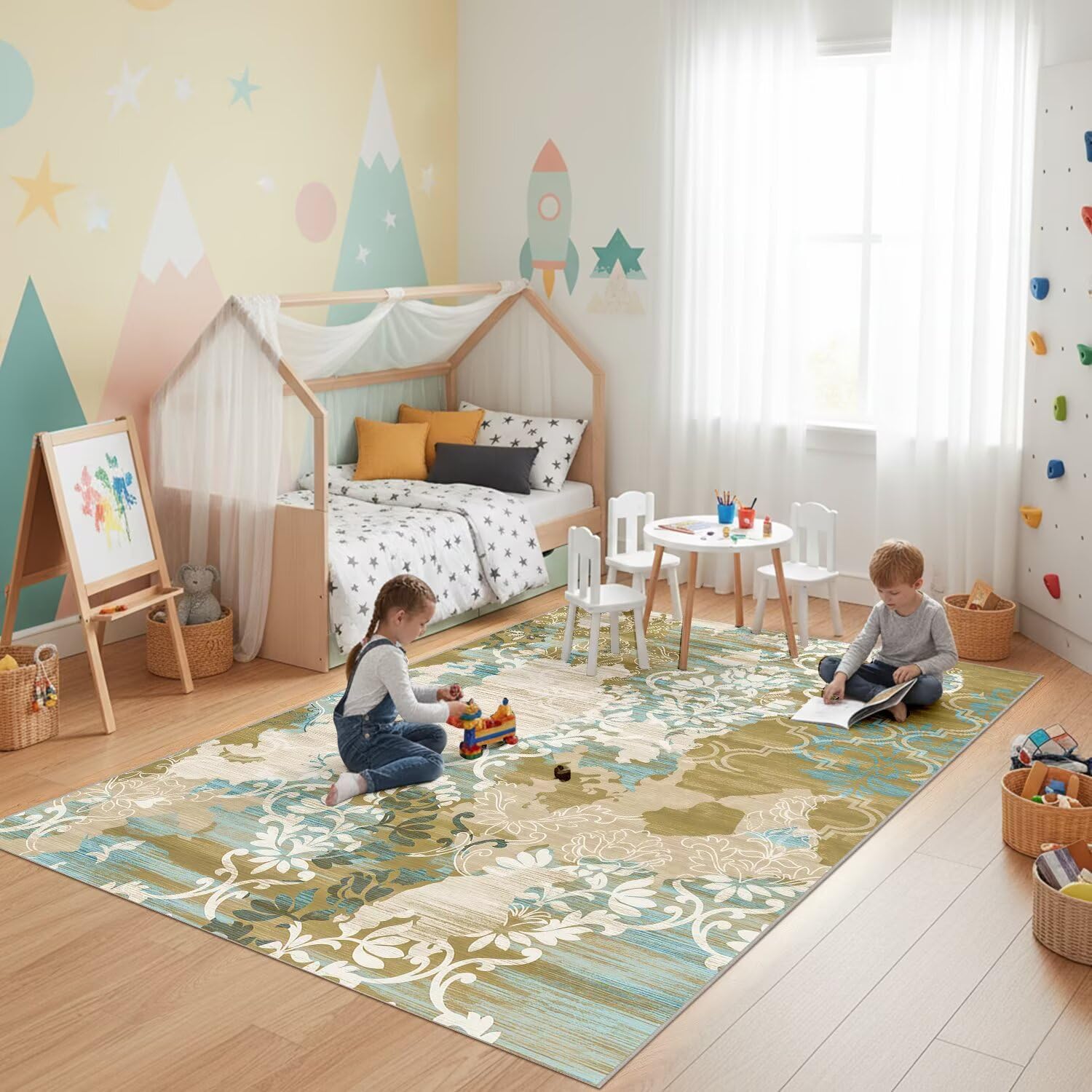 5x7 Area Rugs,Abstract Area Rugs, Modern Washable Non-Slip Rug for Living Room, Bedroom, Dining Room, Soft Low Pile Carpet, Neutral Decor for Home and Office,Abstract Floral - Yellow
