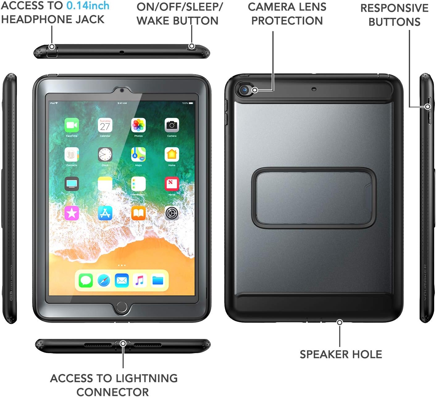Flаѕh Dеаlѕ - 40% оƒƒ YOUMAKER New iPad 9.7 Case 2018/2017, Heavy Duty Kickstand with Built-in Screen Protector Full-body Shockproof Protective Case Cover for Apple iPad 9.7 inch 2017/2018 5th/6th Gen (Black/Black)