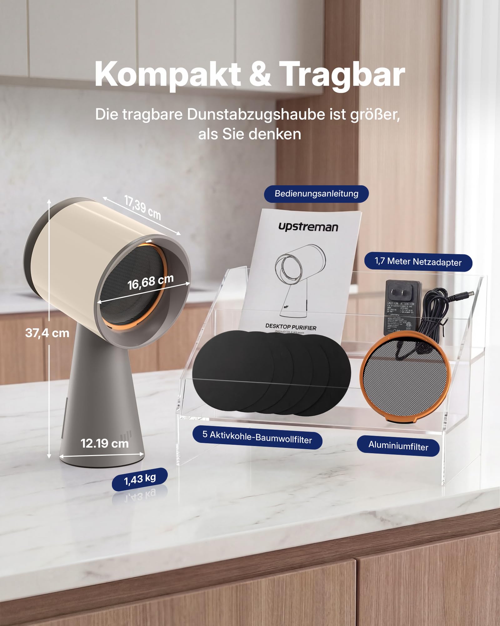 Upstreman Mini Dunstabzugshaube,Tragbare Abzugshaube mit 3 Geschwindigkeiten,Mobile Abzugshaube mit Austauschbarem Filter,für Steak Grillen BBQ Hot Pot Beige-HD06