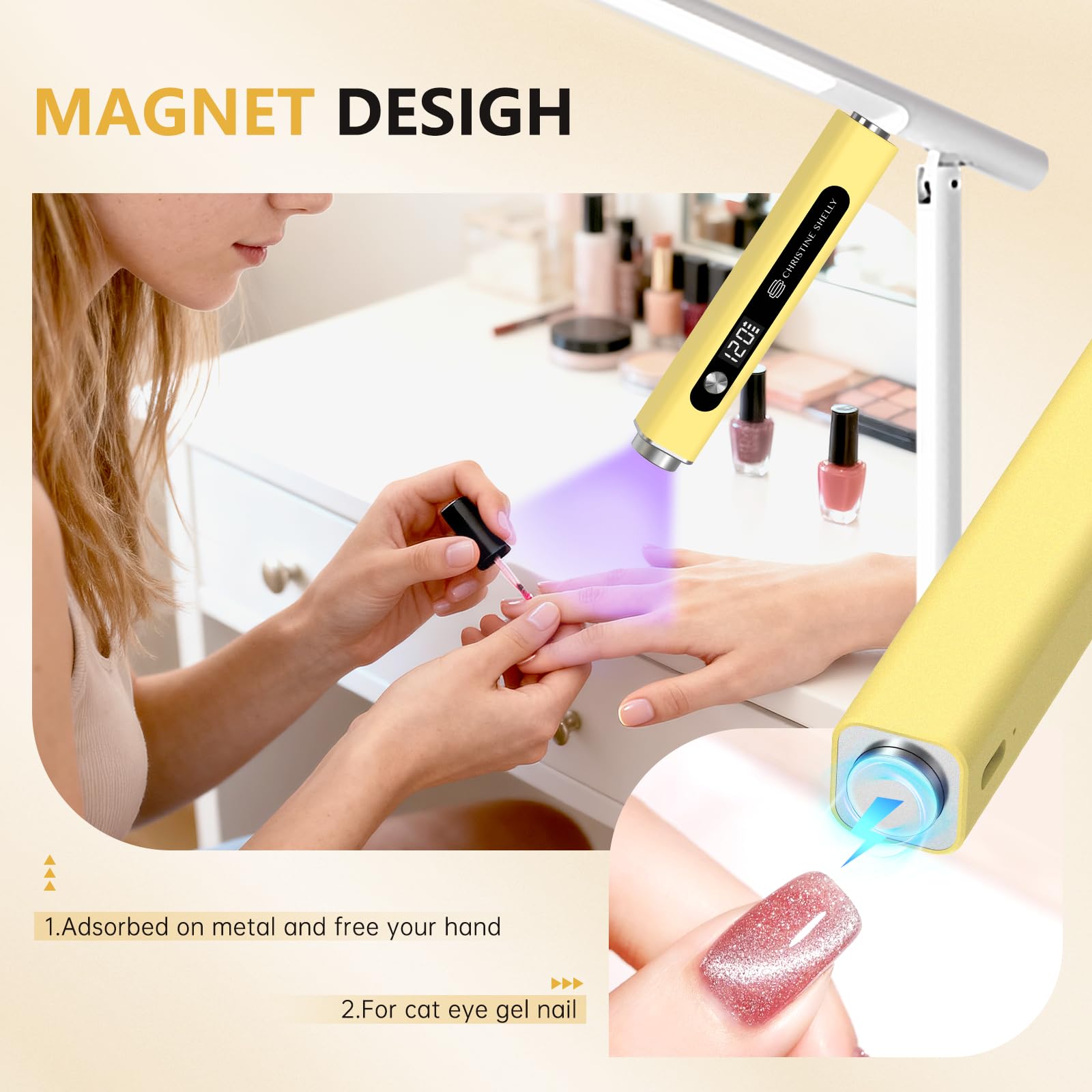 UV Light for Gel Nails, CHRISTINE SHELLY 3 in 1 LED Nail Lamp Cat Eye Magnet Flash Cure Lamp Nail Stamp LCD Display Portable Nail Dryer Rechargeable with 3 Timers Design Art Tools Home DIY - Image 3