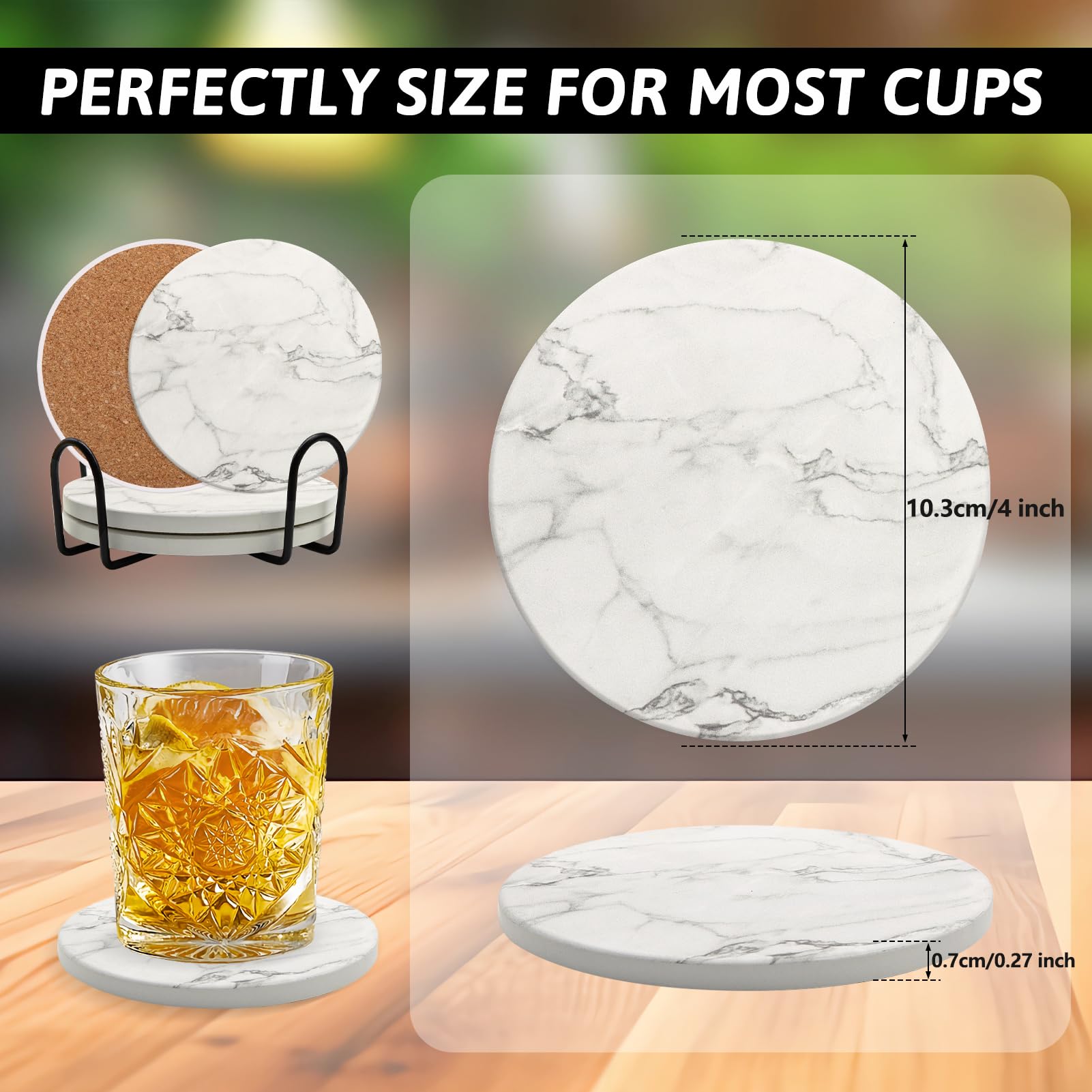 Juego de 4 posavasos con soporte, posavasos de cerámica absorbente para mesa de comedor, juego de posavasos redondos de 4 pulgadas para bebidas, posavasos para decoración del hogar, regalo 2
