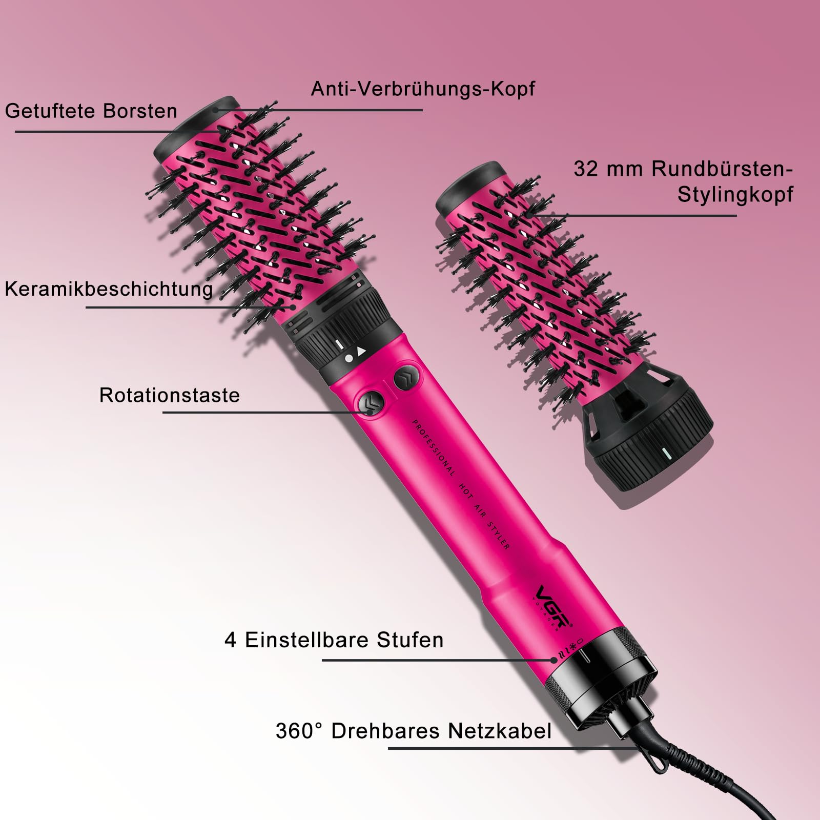 VGR 480 Rundbürste Profi 2 in 1 Föhnbürste Mit 32mm 50mm Für Salon, Rot | Rundbürstenföhn Mit Automatische Drehung, Rundbürste Elektrisch Mit 1200W Leistung, Rundföhnbürste Mit 360° Drehbarem