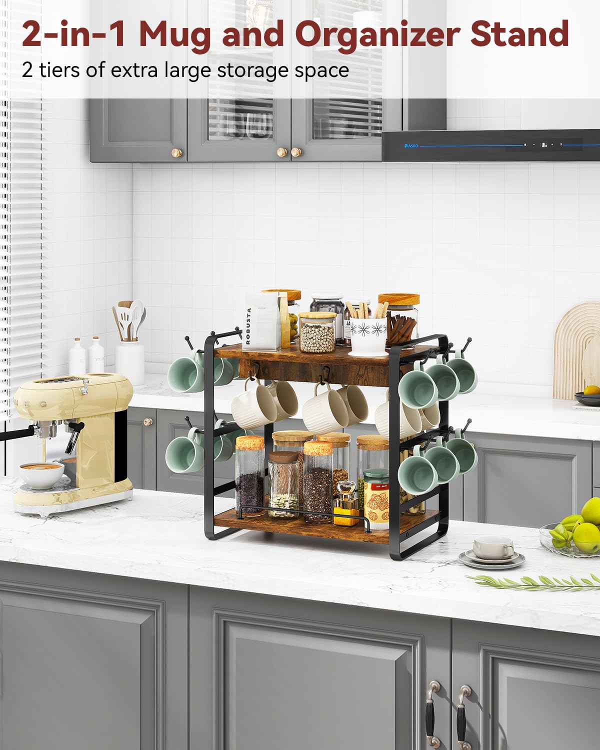 IBUYKE Organizer Caffe Portatazze da Appoggio, 2 Livelli di Supporto per Tazze da Cucina, Porta Tazzine da Caffè di Legno Con 18 Ganci,Organizer Tazze per Cucina,Ufficio,Marrone TBJ006H