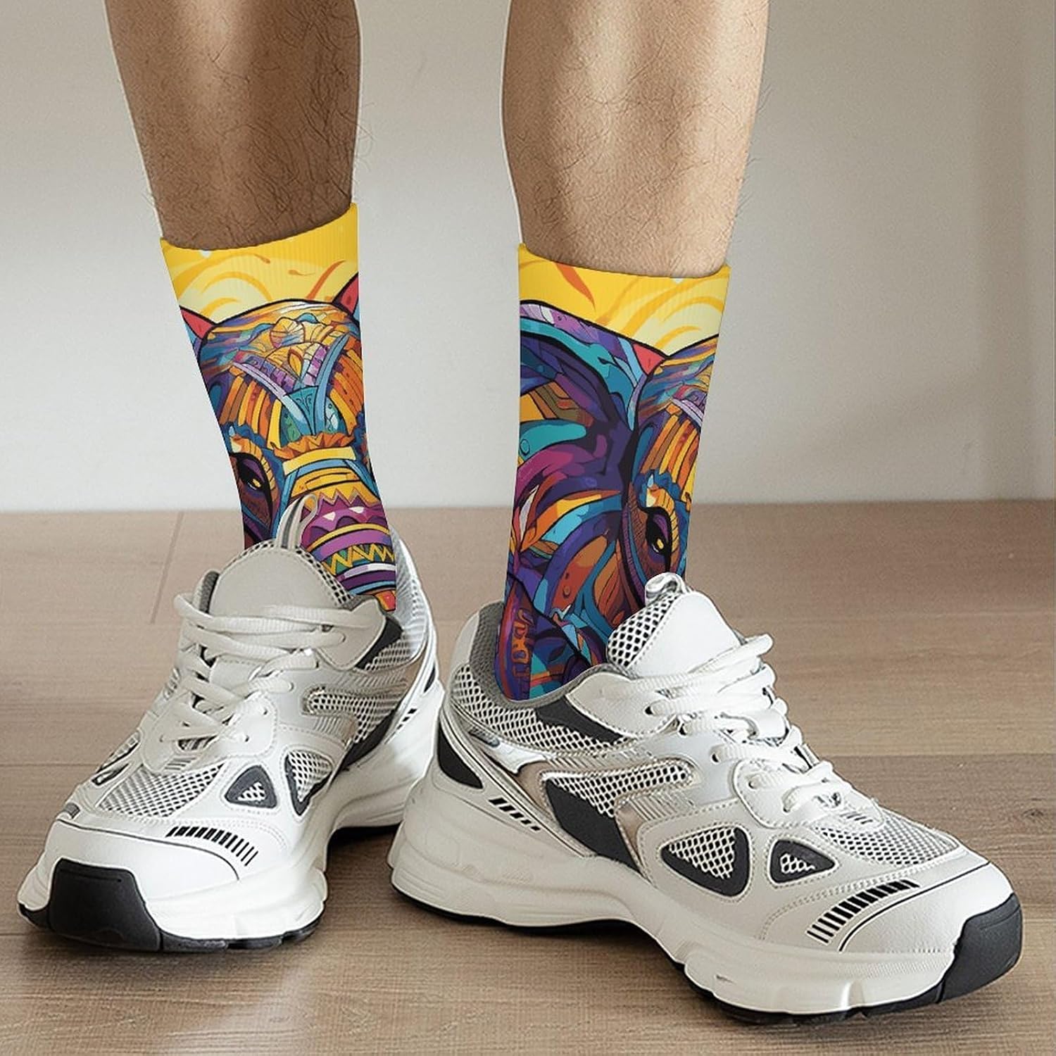 Breathable Sports Socks, Moisture Wicking, Lightweight Crew Socks | Colorful Elephant Athletic Calf Socks for Women Men, Casual, Anti-Slip, Multifunctional Work Socks
