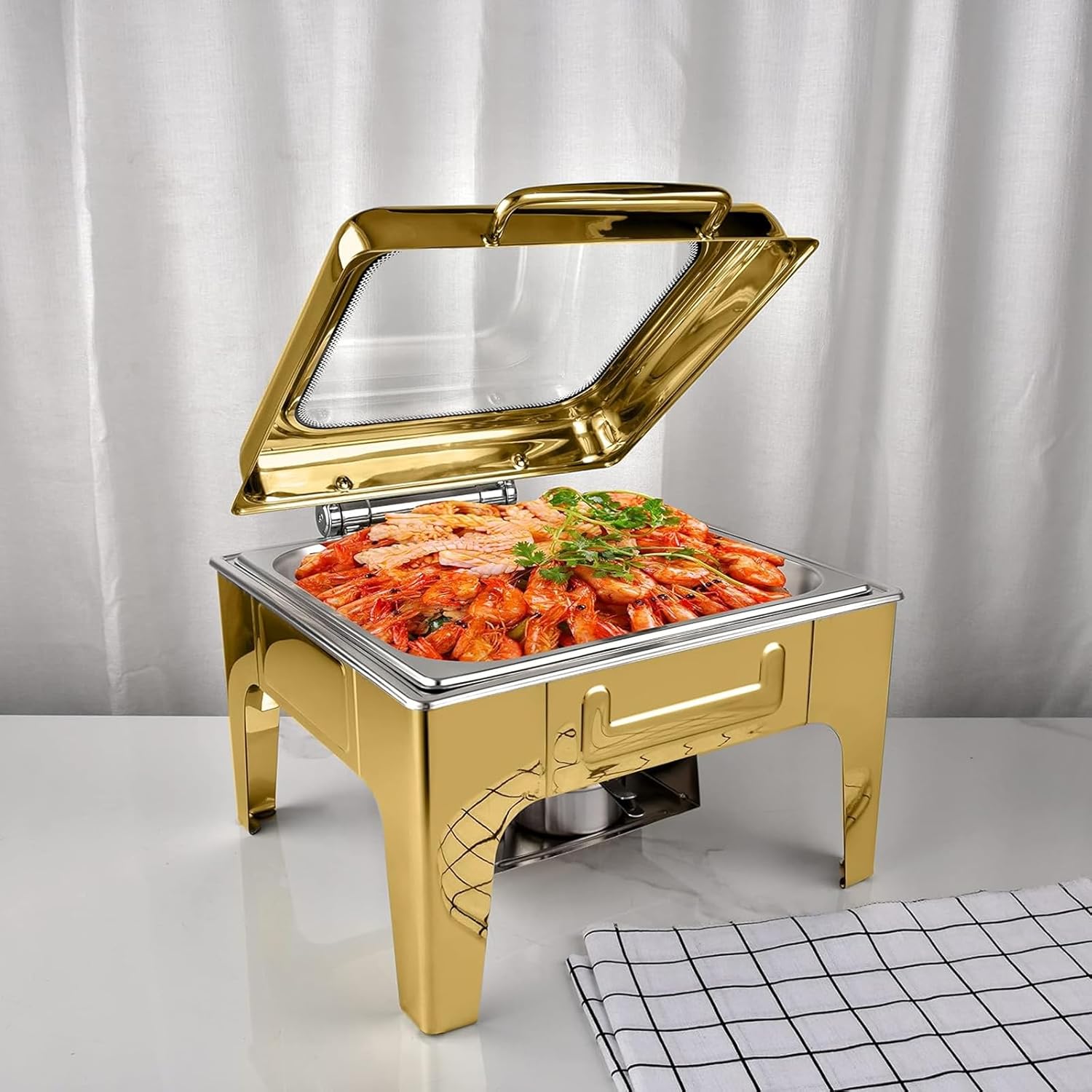 Catering Insulation Tray6.8L Gold Stainless Steel Buffet Stove Heating Square Heat Preservation Stove Chafing Dish Hydraulic Glass Cover Buffet Stove,A