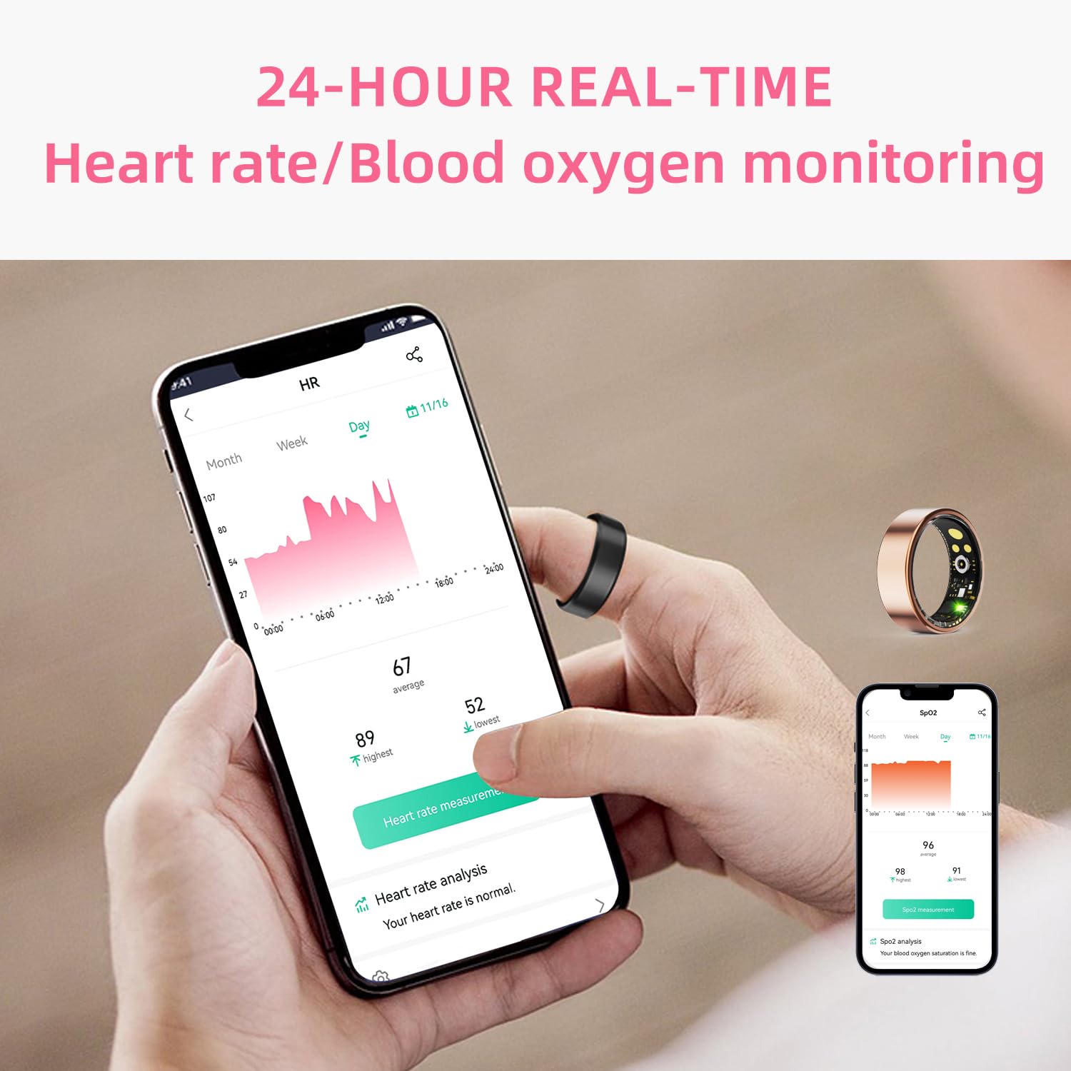 Bague intelligente pour homme et femme avec fréquence cardiaque, oxygène dans le sang, pression artérielle, surveillance du sommeil, comptage des pas, étanchéité IP68 pour iPhone et Android
