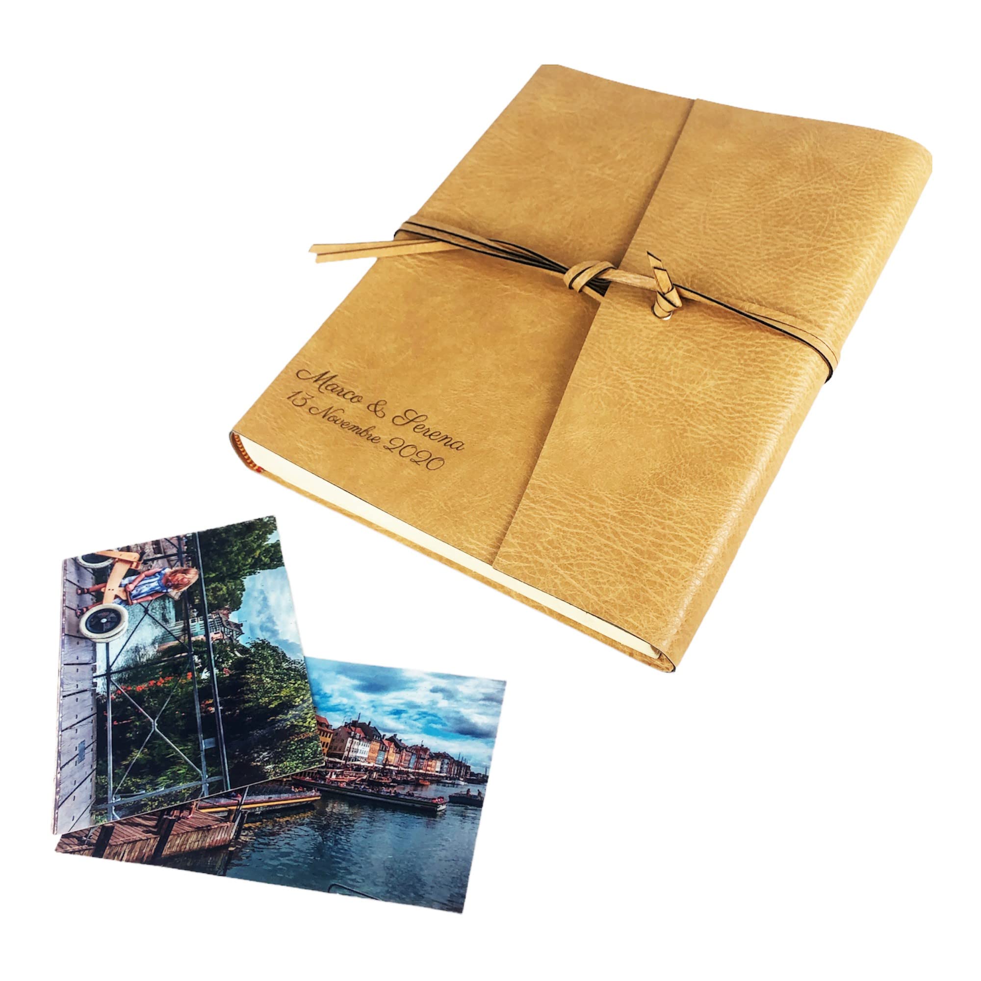 TriVin Art -Double Bott- Handgefertigtes Fotoalbum, hergestellt in Italien, aus feinem Kunstleder, personalisierbar mit Gravur. Ideal für jede Veranstaltung (Honig/Honig - mit Gravur)