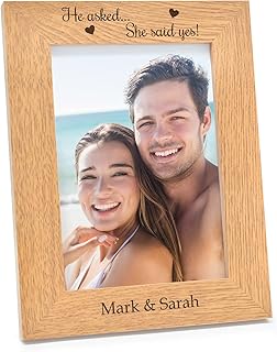 Personalised He Asked She Said Yes Engagement Photo Frame - Engraved Wooden Engagement Photo Frame Gifts for Fiance, Fiancee, Couples - Newly Engaged Couples Keepsake Gifts