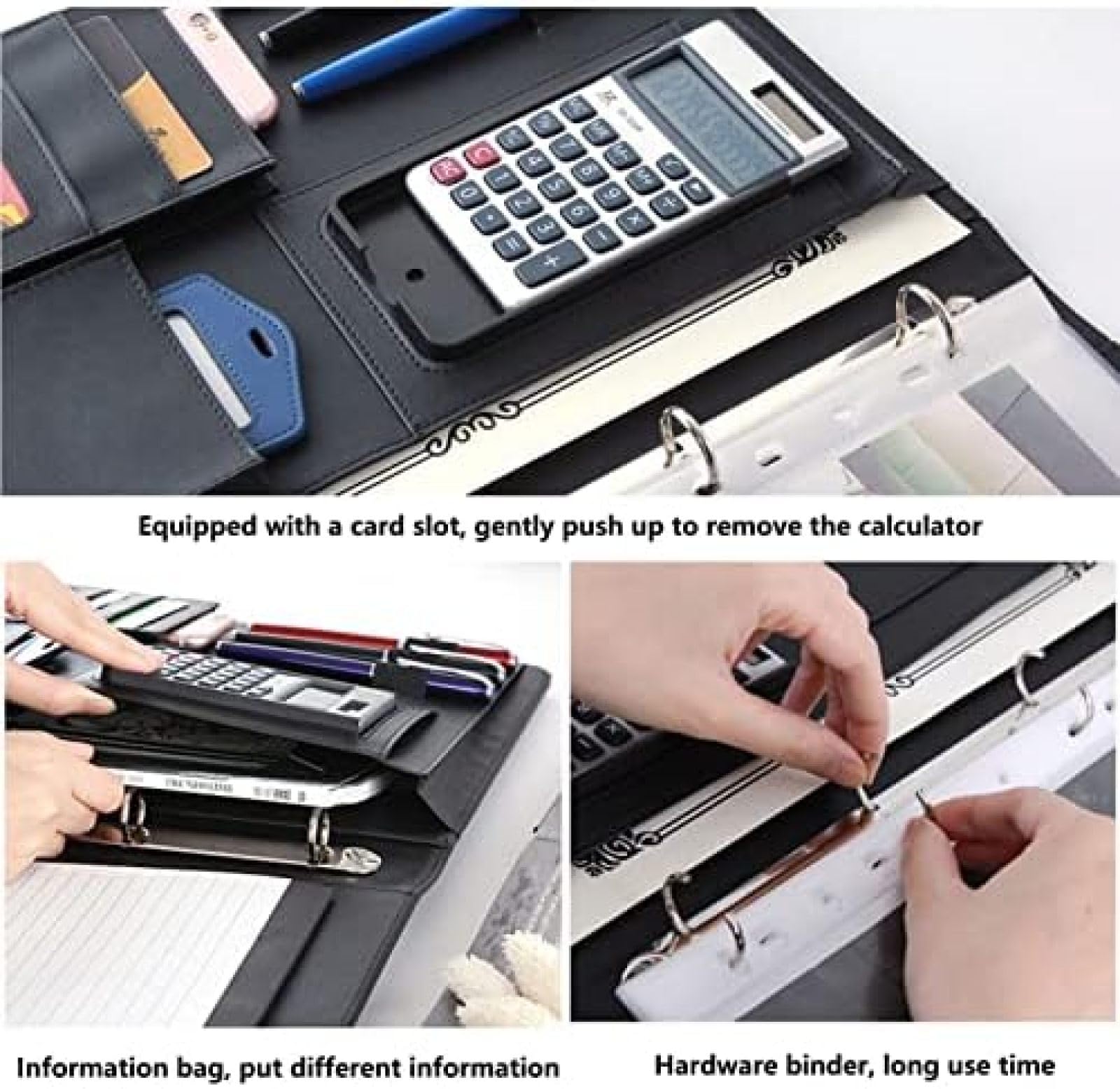 Cartella da Lavoro con 4 Raccoglitori Ad Anelli, Cartella in Pelle, Blocco Note con Calcolatrice Solare, Organizer per Portfolio, per Interviste, Conferenze E Presentazioni,Marrone,Picturesque234