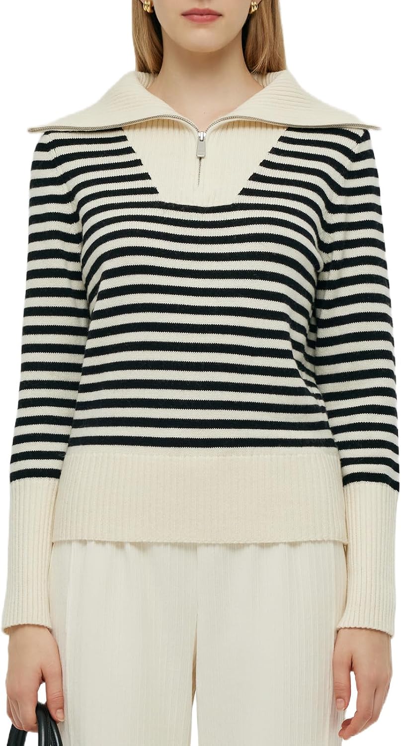 GOELIA Quarter Zip Pullover Sweaters for Women 2026 Spring Oversized Collar Long Sleeve Stripped Sweater Womens Sweaters