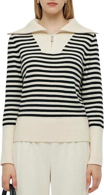 GOELIA Quarter Zip Pullover Sweaters for Women 2026 Spring Oversized Collar Long Sleeve Stripped Sweater Womens Sweaters