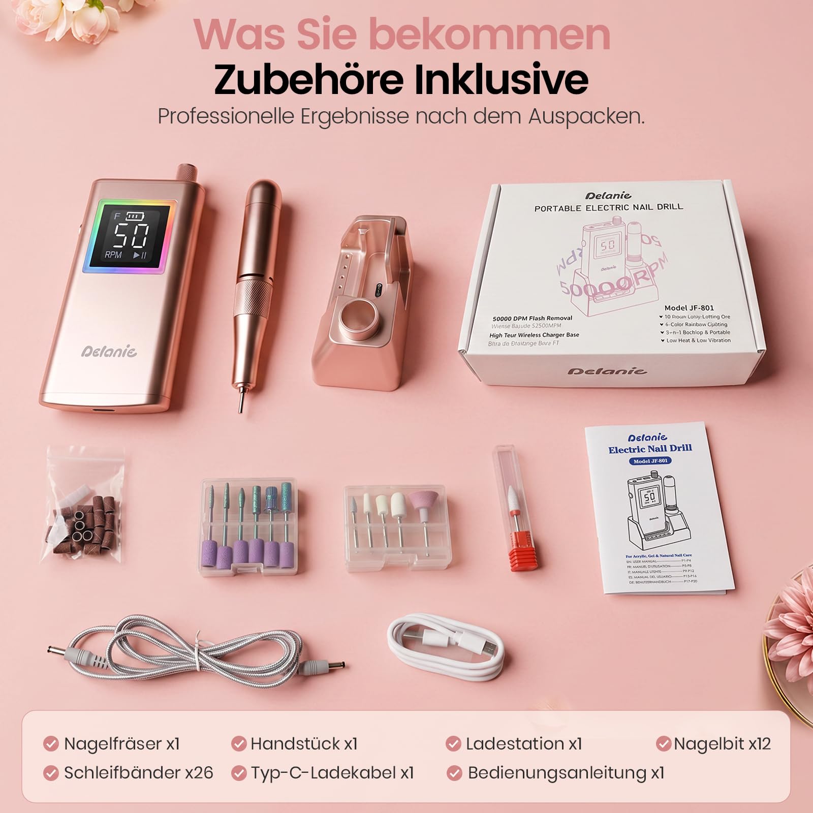 Delanie elektrischer Nagelfräser professionell 50000 U/Min mit Ladestaion, Maniküre Fräser für Nägel & Acrylnägel, tragbarer Nagel Fräser für Gelnägel für Anfänger Zuhause & Salon Profis +12 Nagelbits